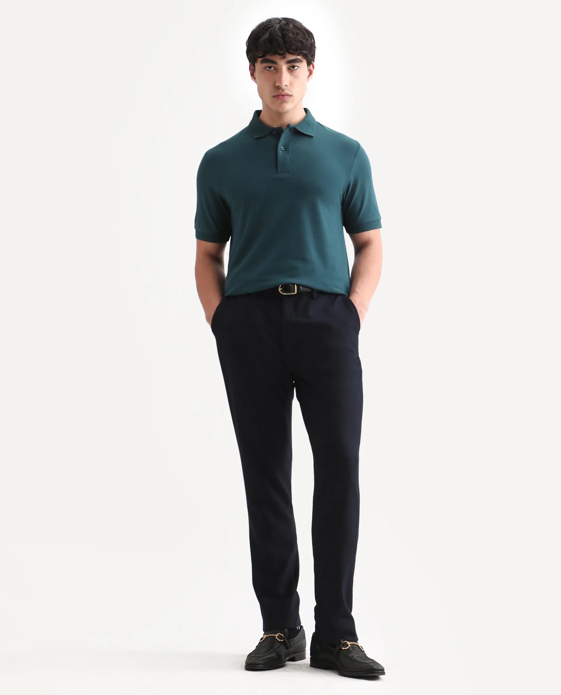 Rare Rabbit Men's Braf Dark Teal Cotton Blend Plain Regular Fit Half Sleeve Polo