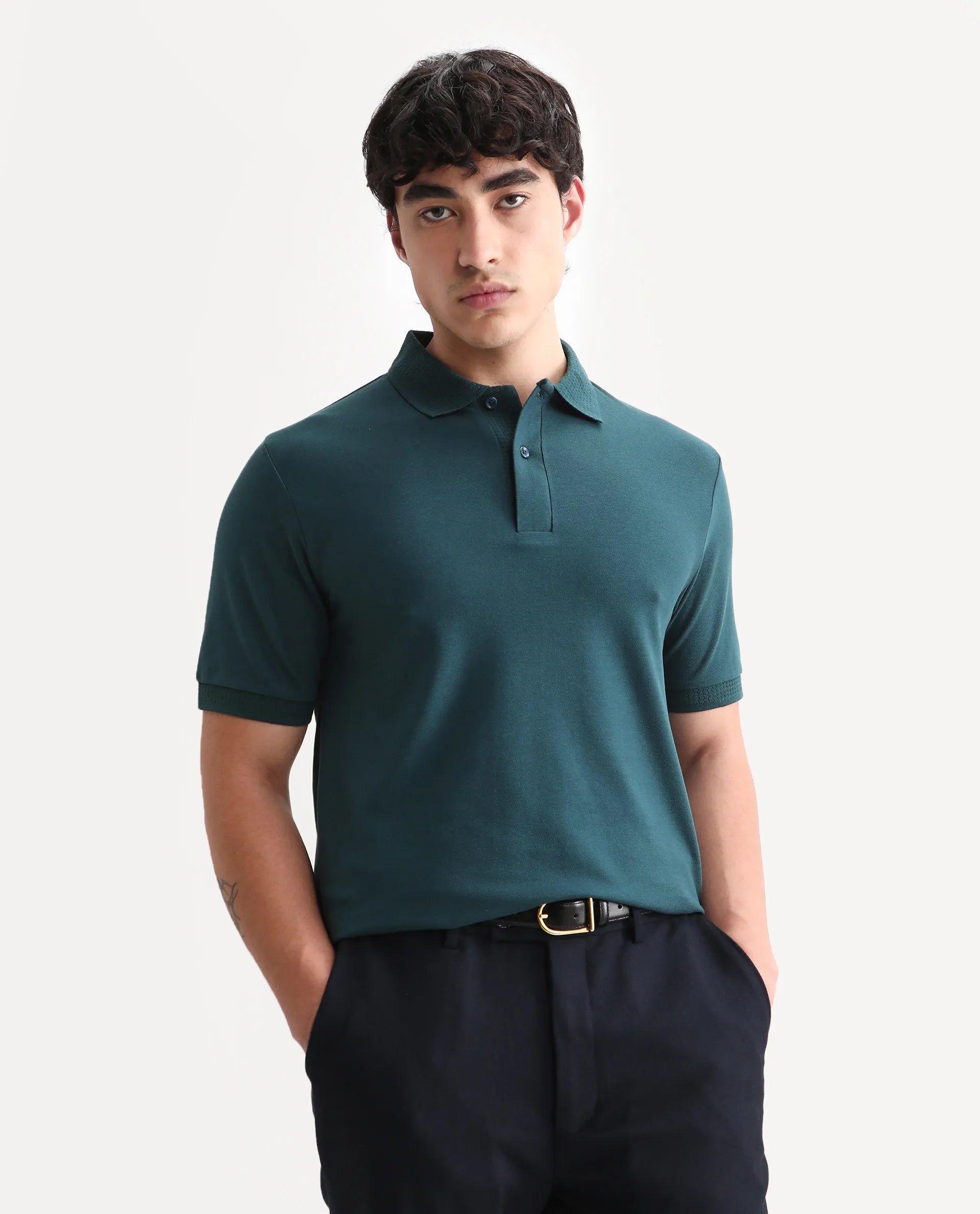 Rare Rabbit Men's Braf Dark Teal Cotton Blend Plain Regular Fit Half Sleeve Polo
