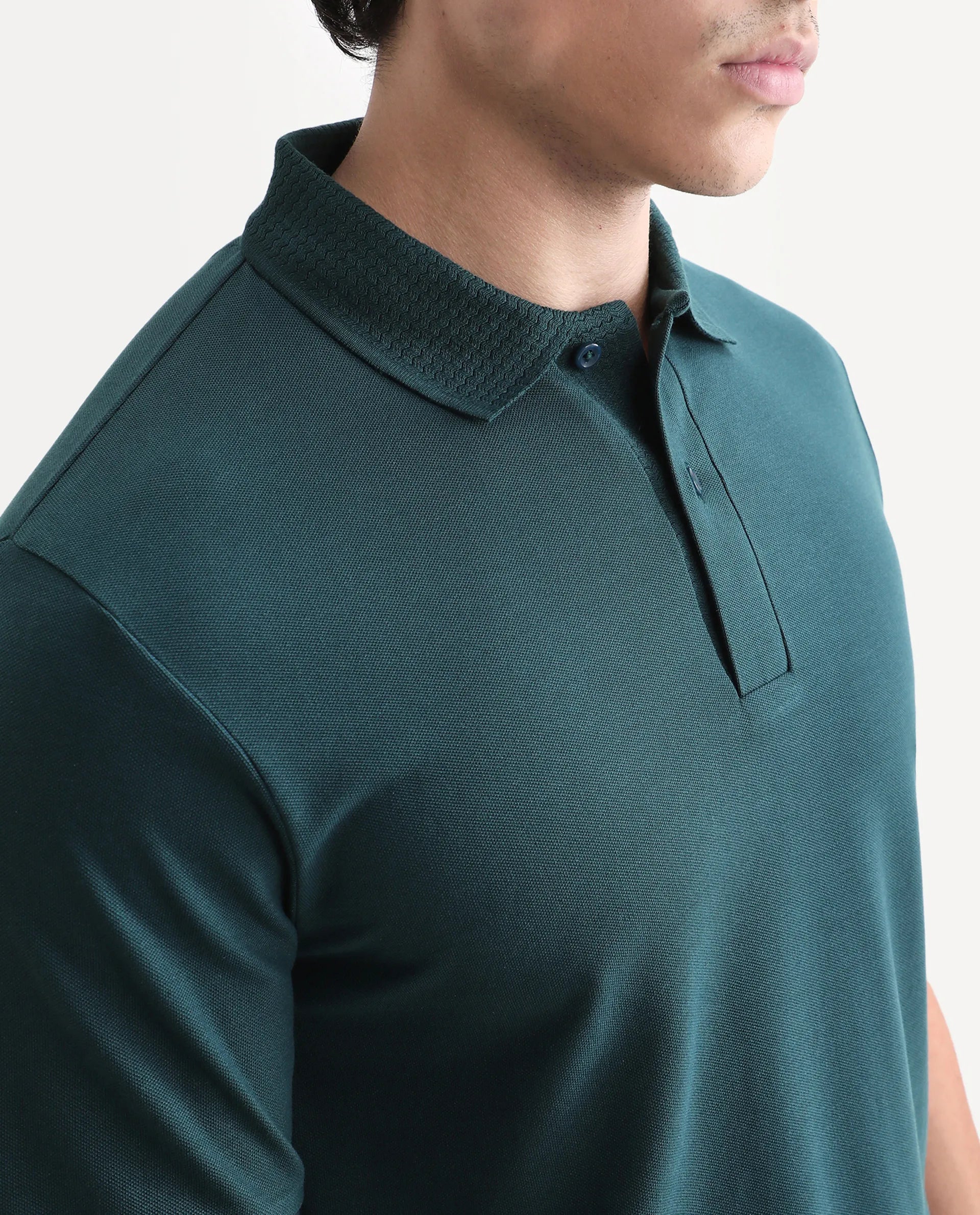 Rare Rabbit Men's Braf Dark Teal Cotton Blend Plain Regular Fit Half Sleeve Polo