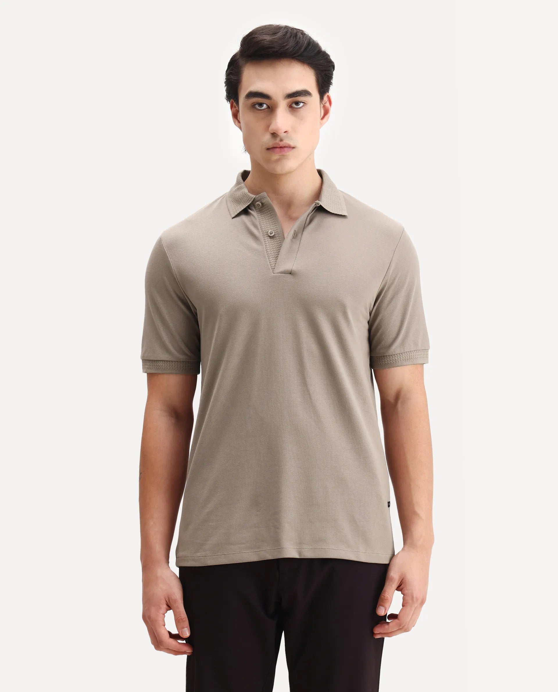 Rare Rabbit Men's Braf Dusky Brown Cotton Blend Plain Regular Fit Half Sleeve Polo