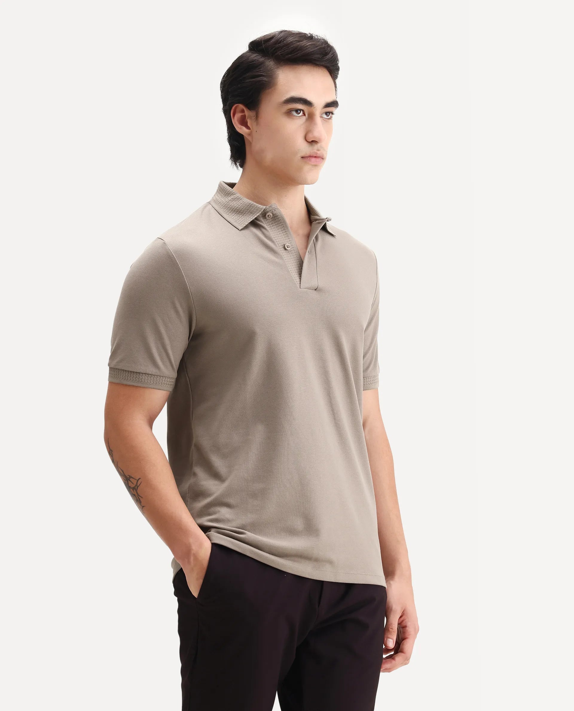 Rare Rabbit Men's Braf Dusky Brown Cotton Blend Plain Regular Fit Half Sleeve Polo