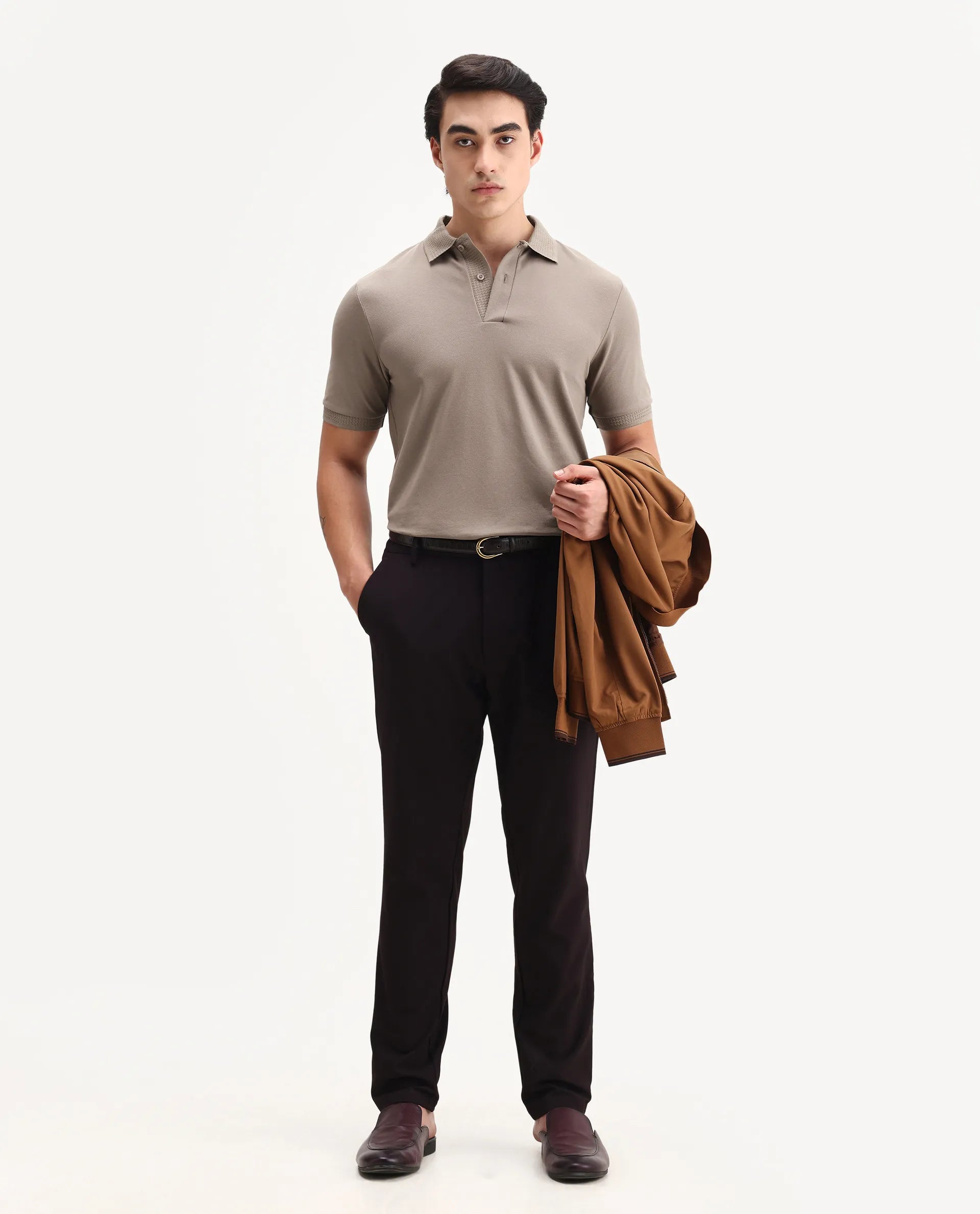 Rare Rabbit Men's Braf Dusky Brown Cotton Blend Plain Regular Fit Half Sleeve Polo
