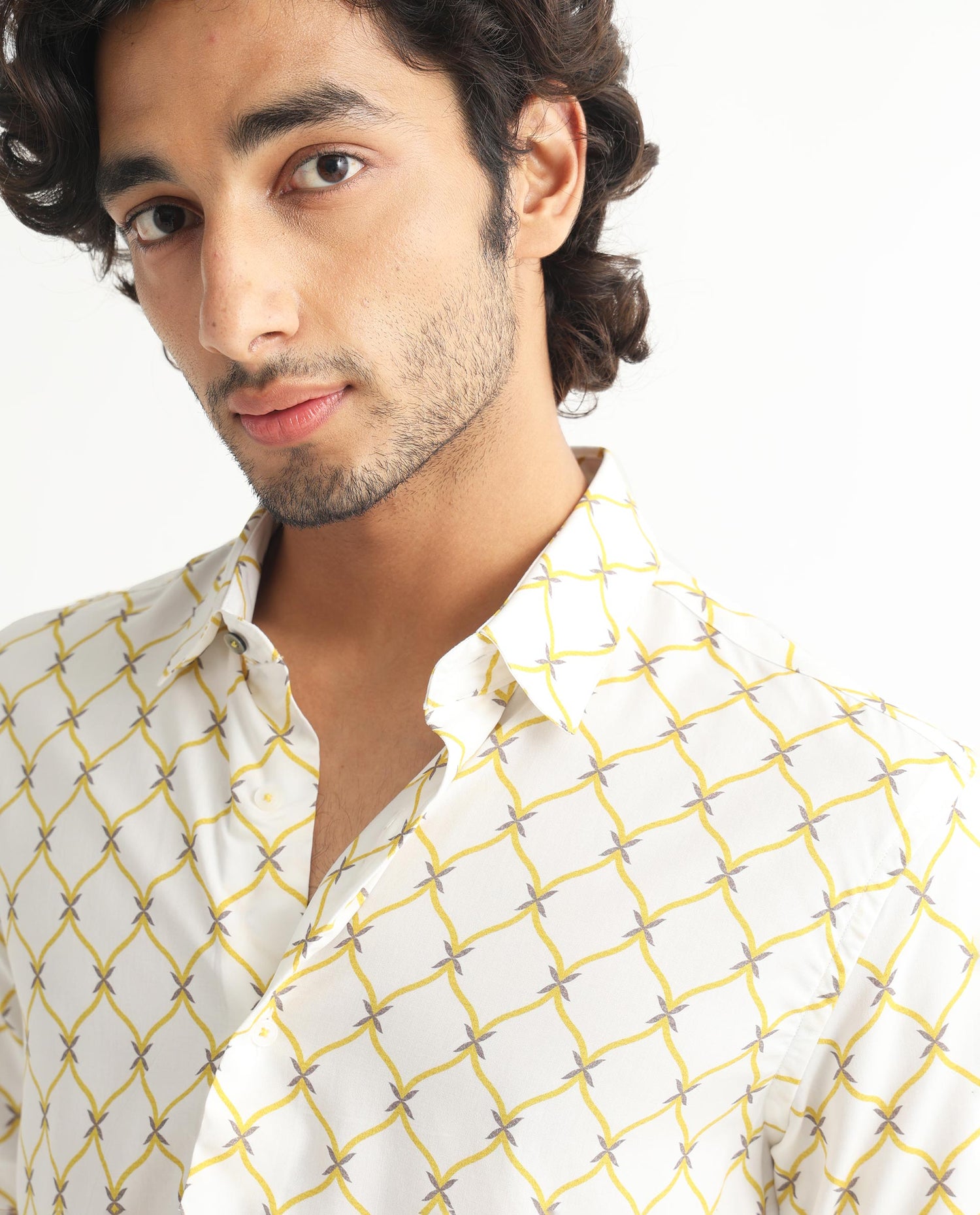 Rare Rabbit Men's Braga White Viscose Fabric Geometric Print Half Slee