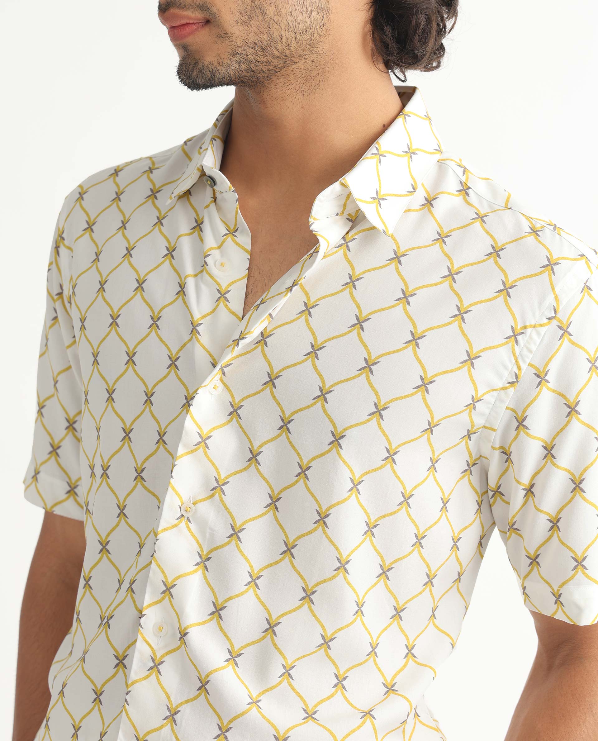 Rare Rabbit Men's Braga White Viscose Fabric Geometric Print Half Sleeves Shirt