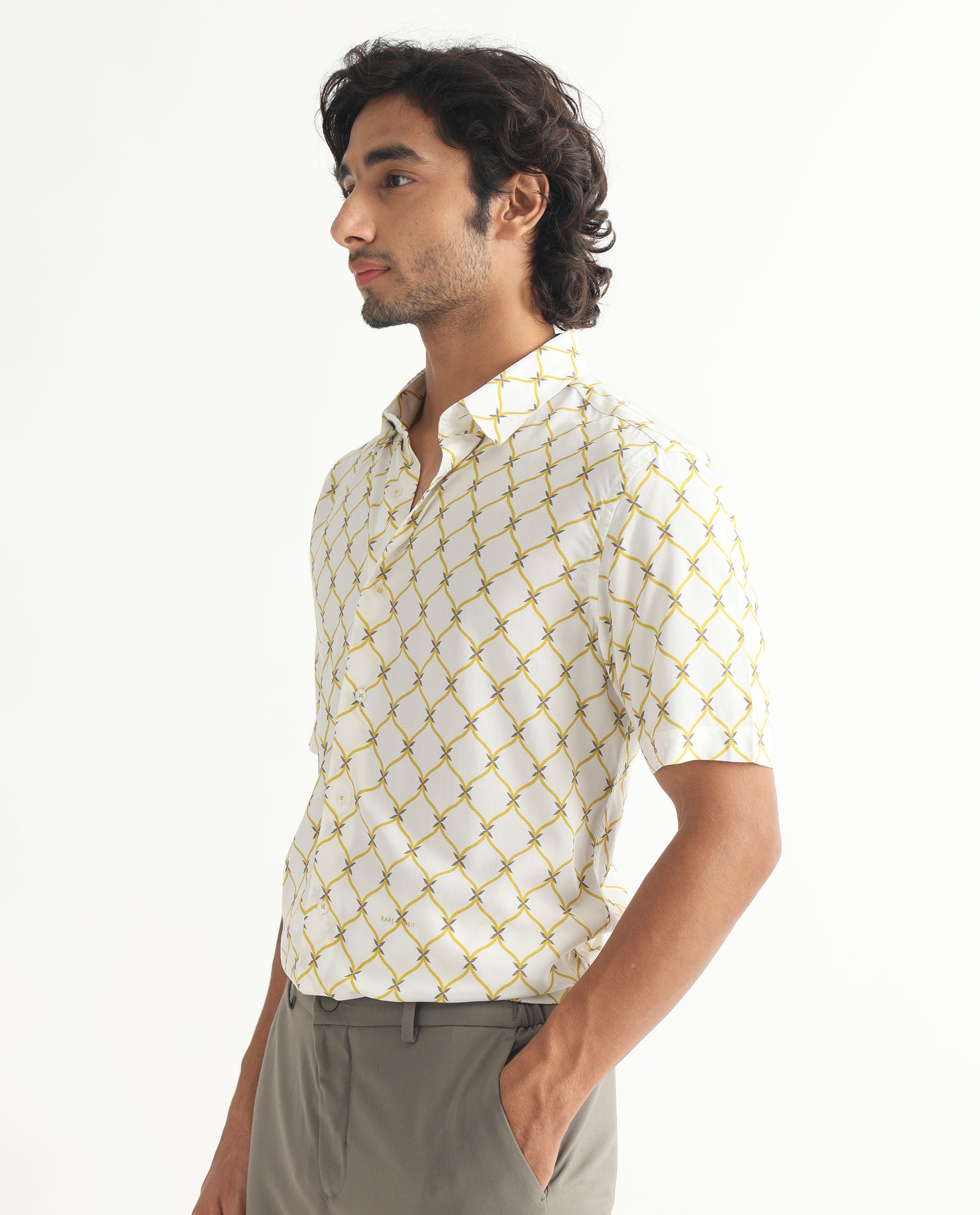 Rare Rabbit Men's Braga White Viscose Fabric Geometric Print Half Sleeves Shirt