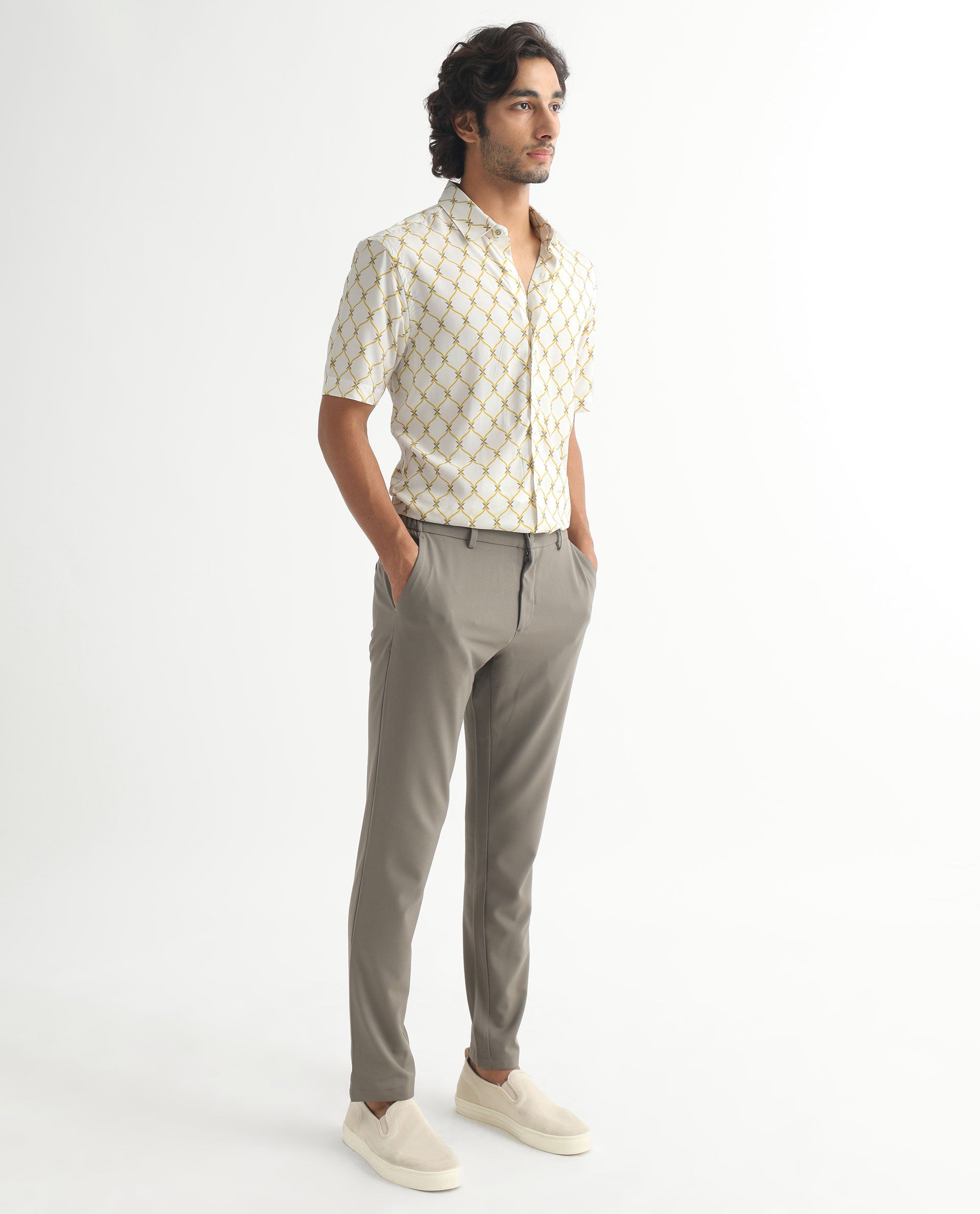 Rare Rabbit Men's Braga White Viscose Fabric Geometric Print Half Sleeves Shirt