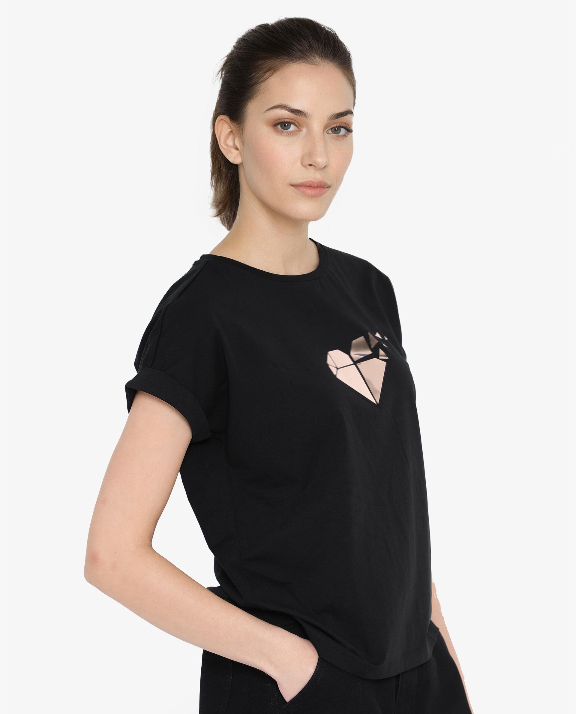 Rareism Womens Brahe Black T-Shirt Short Sleeve Crew Neck Solid