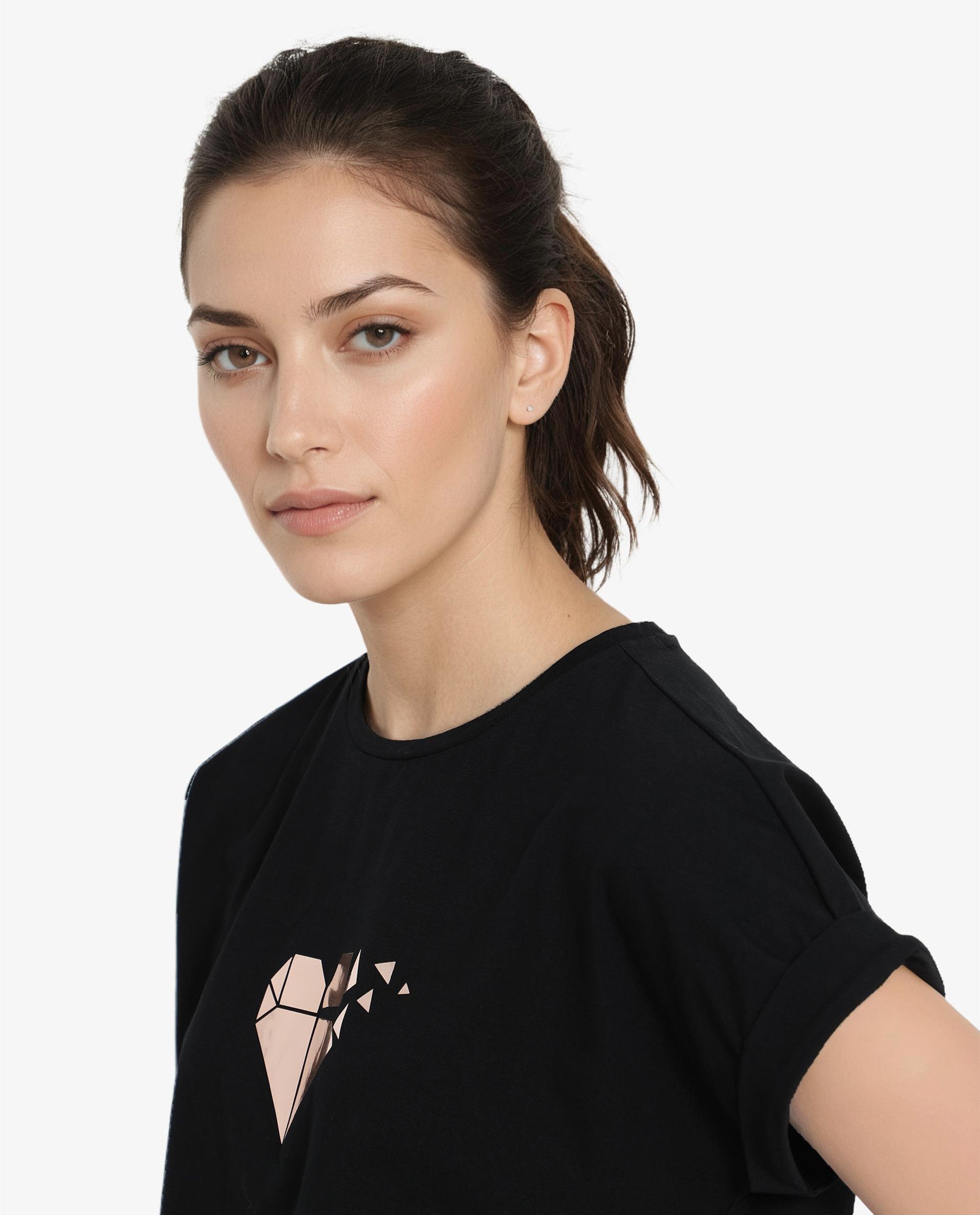 Rareism Womens Brahe Black T-Shirt Short Sleeve Crew Neck Solid