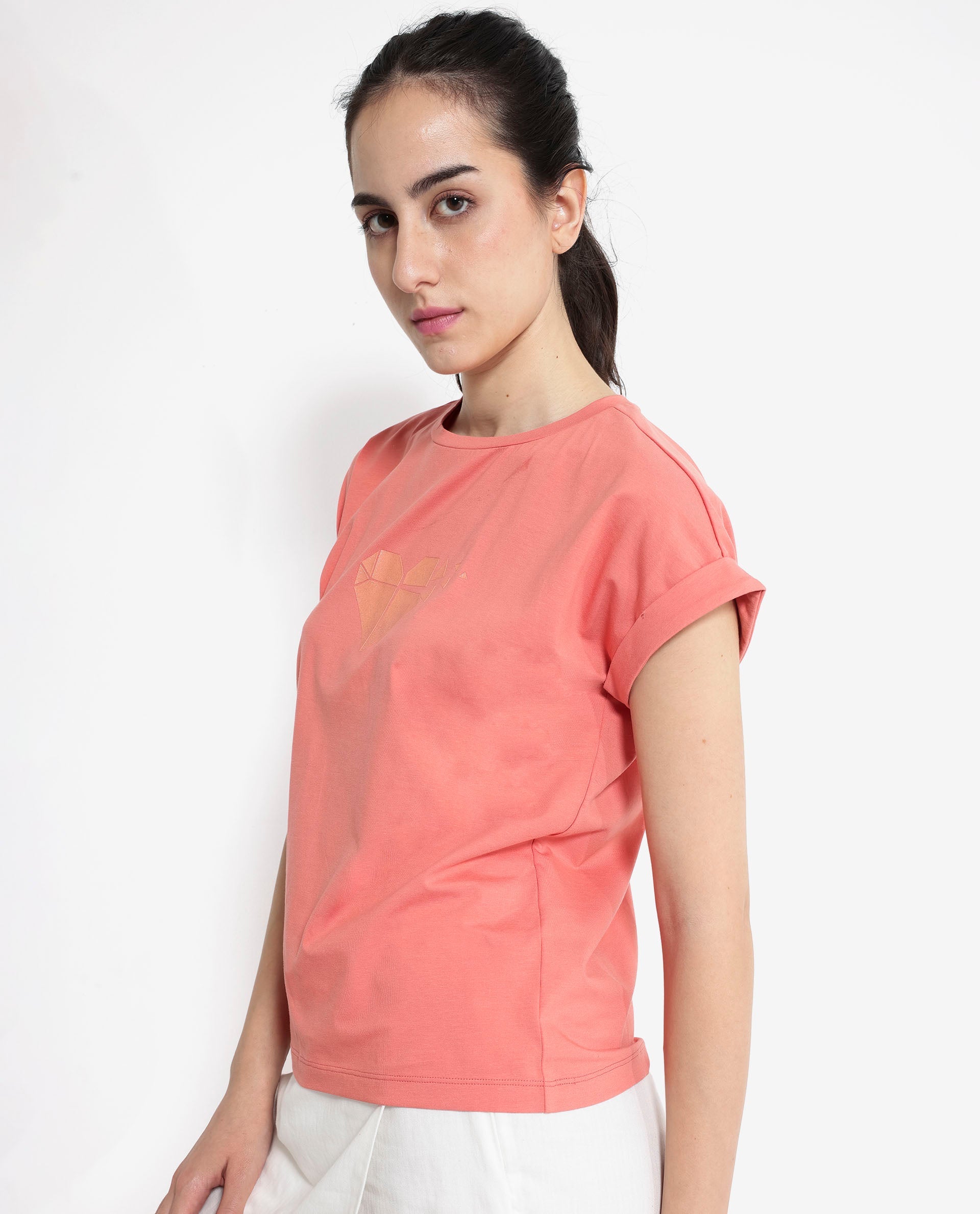 Rareism Women Brahe Light Orange Cotton Fabric Short Sleeves Crew Neck Boxy Fit Graphic Print T-Shirt