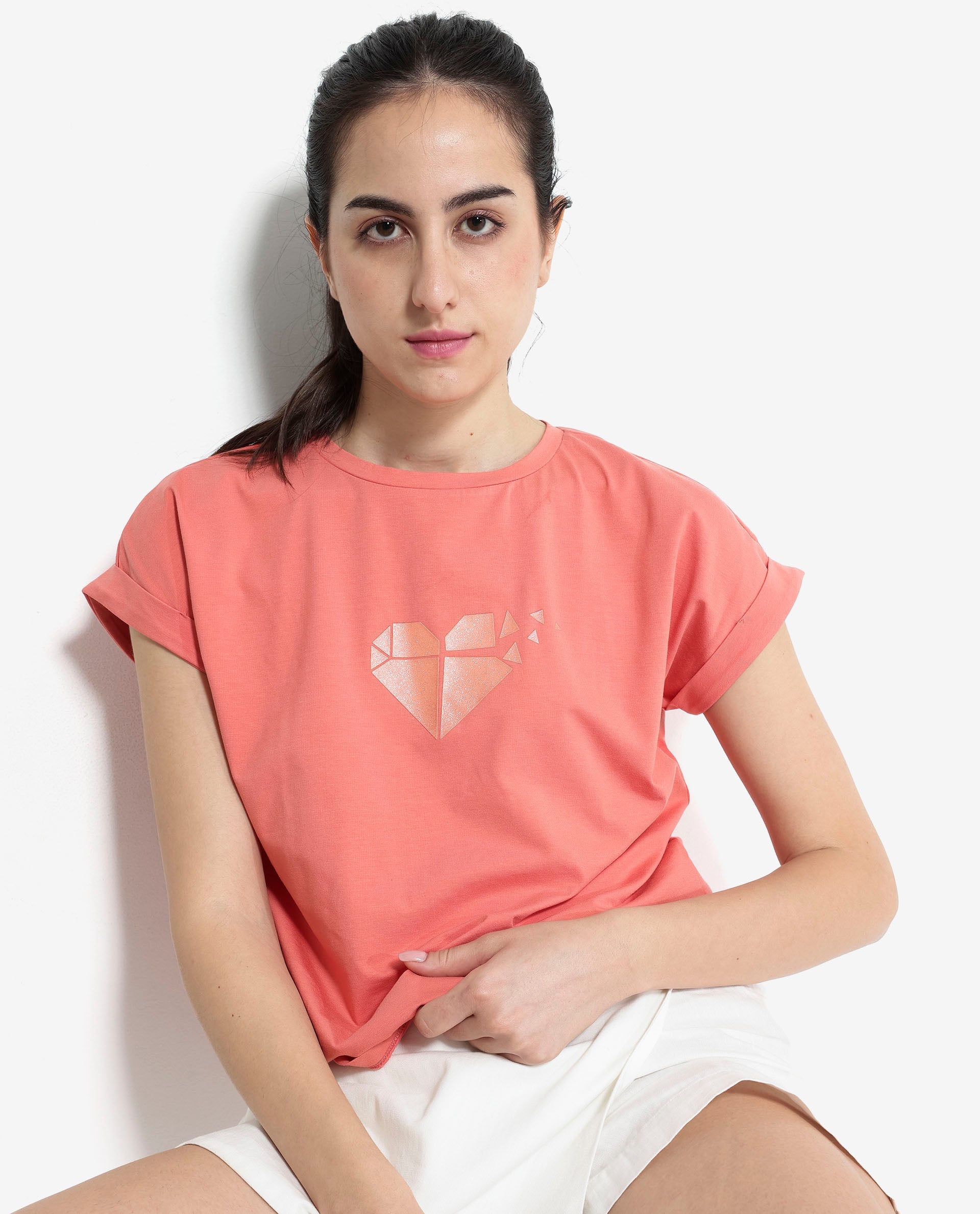 Rareism Women Brahe Light Orange Cotton Fabric Short Sleeves Crew Neck Boxy Fit Graphic Print T-Shirt