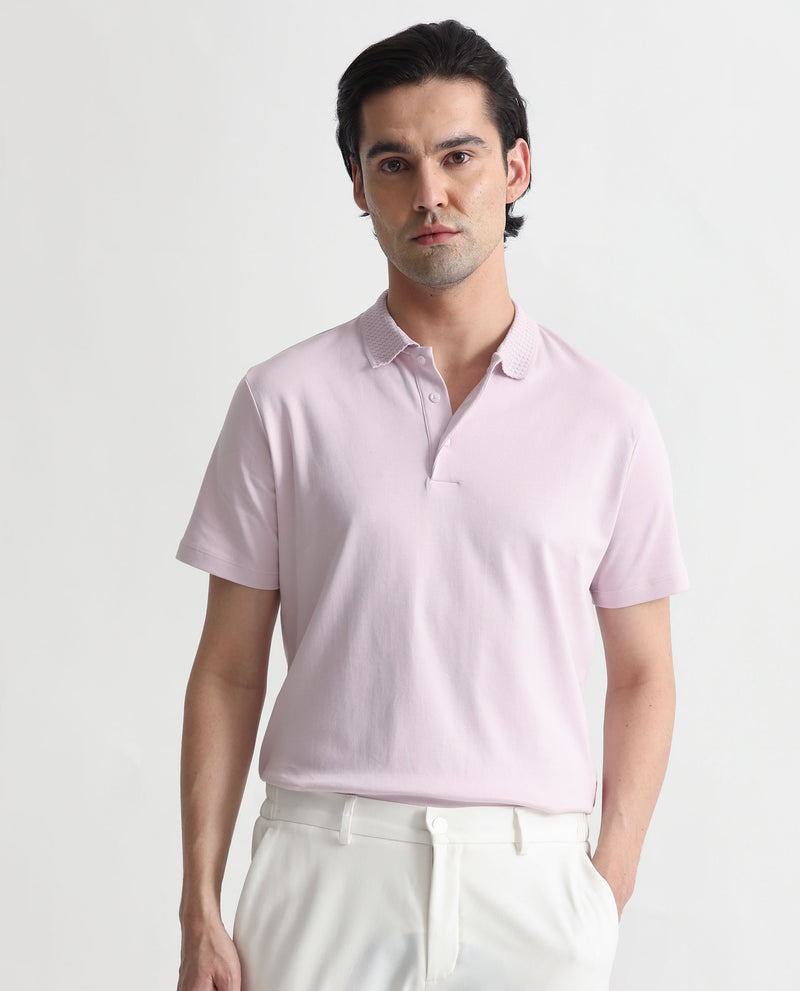 Rare Rabbit Men's Braidey Pink Cotton Fabric Textured Collared Neck Half Sleeves Polo T-Shirt