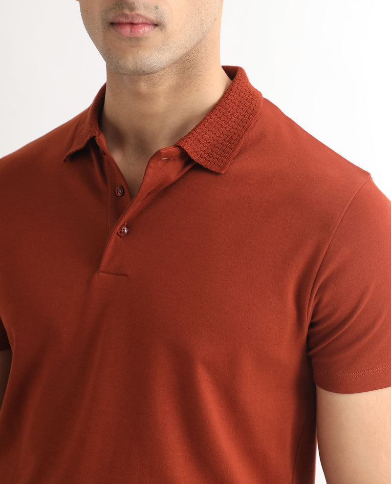 Rare Rabbit Men's Braidey Rust Cotton Fabric Textured Collared Neck Half Sleeves Polo T-Shirt