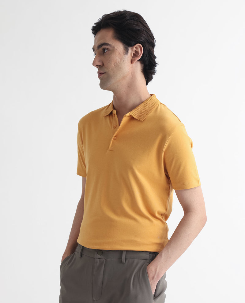 Rare Rabbit Men's Braidey Yellow Cotton Fabric Textured Collared Neck Half Sleeves Polo T-Shirt