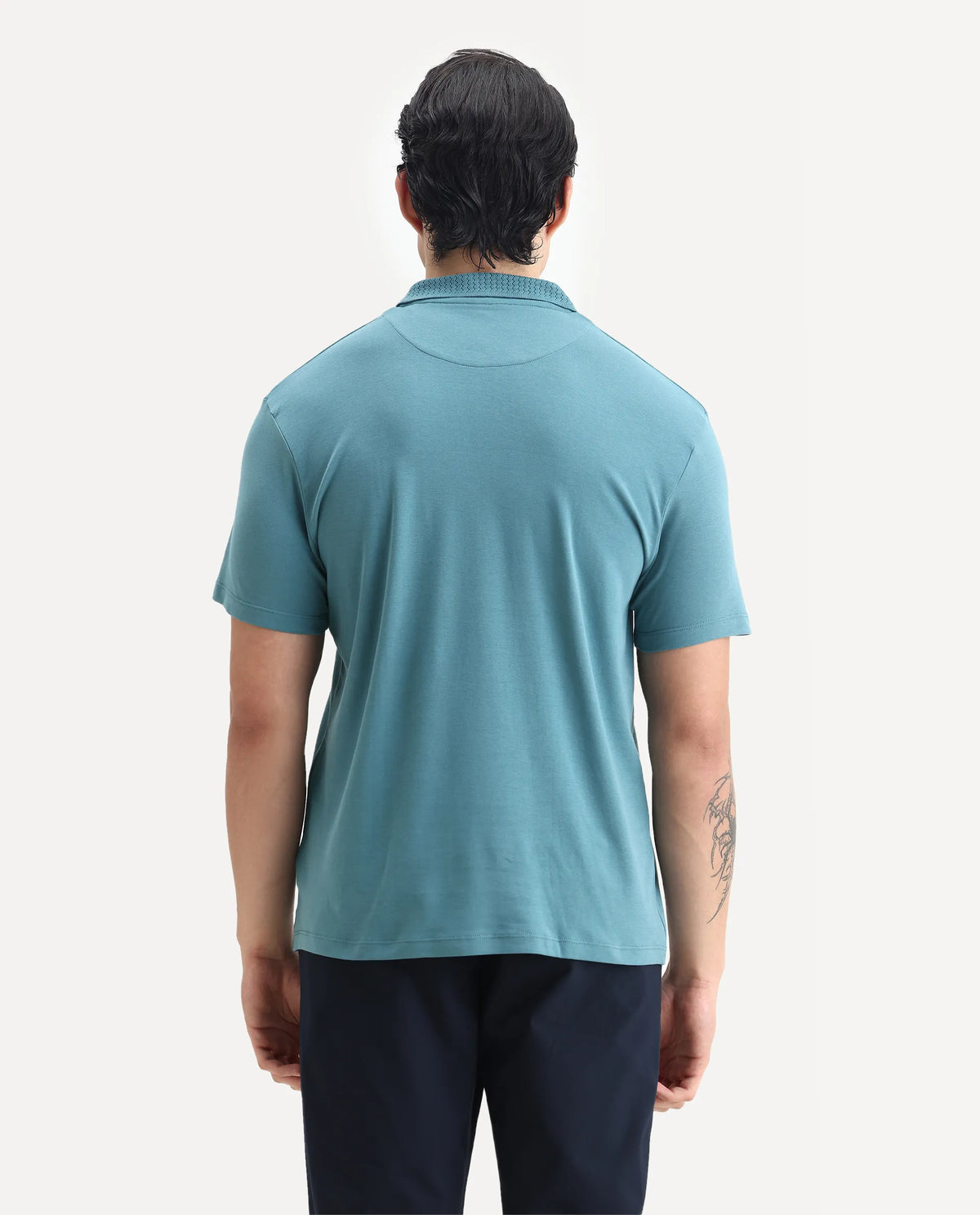 Rare Rabbit Men's Braidey Teal Cotton Plain Regular Fit Half Sleeve Polo