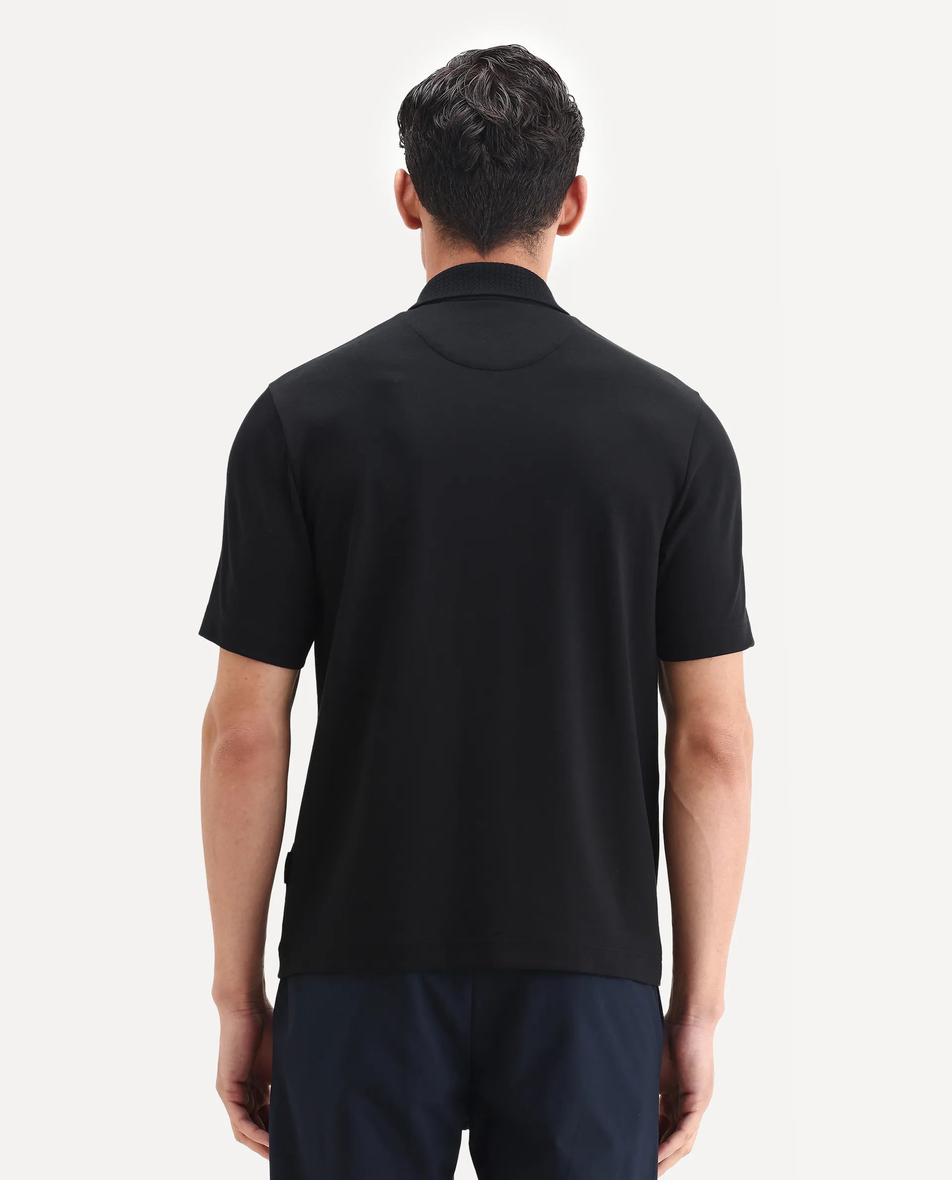 Rare Rabbit Men's Braido Black Cotton Blend Fabric Half Sleeve Spread Collar Plain Polo