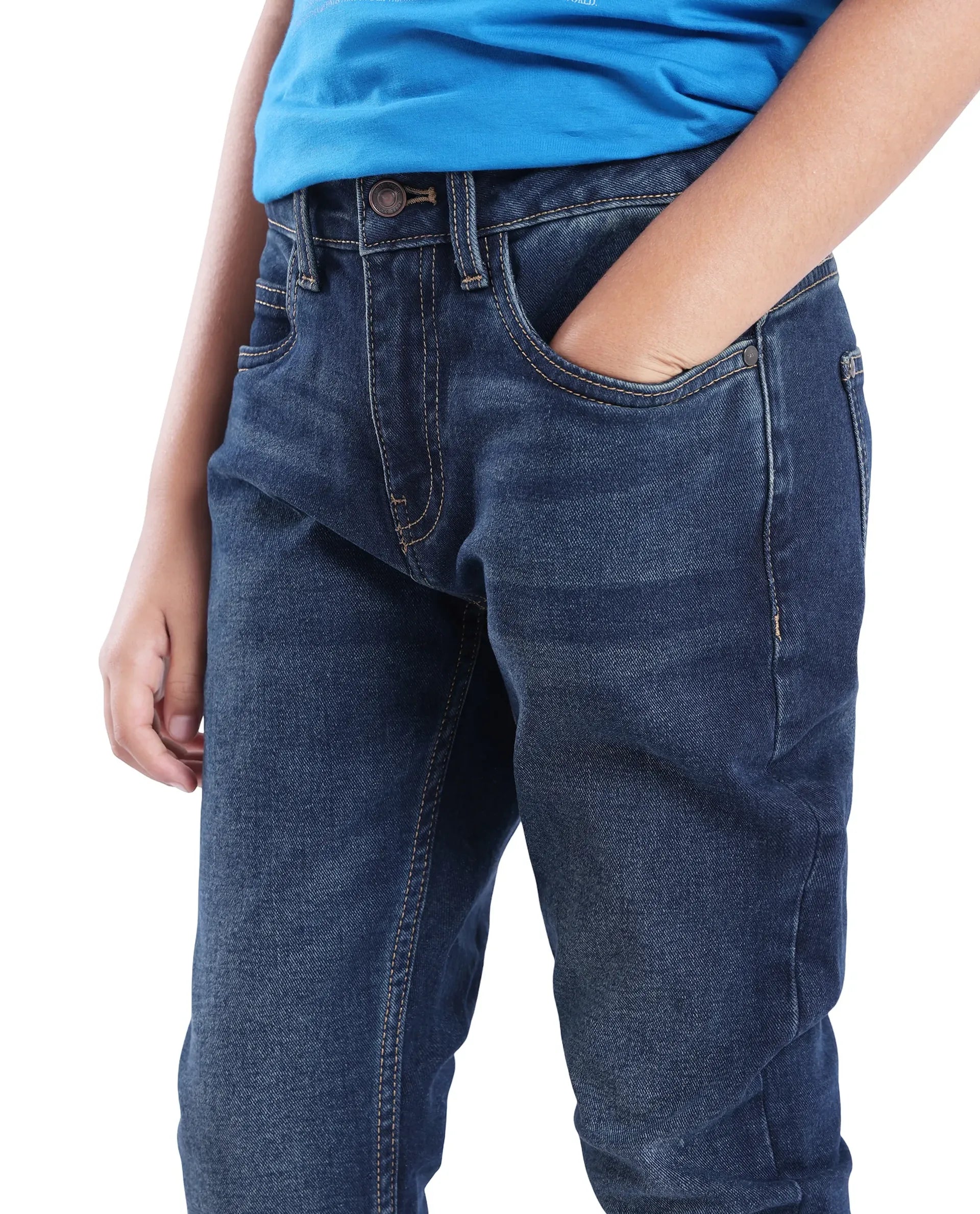 Rare Ones Kids Bram Dark Blue Cotton Solid Button And Zip Closure Slim Fit Jeans