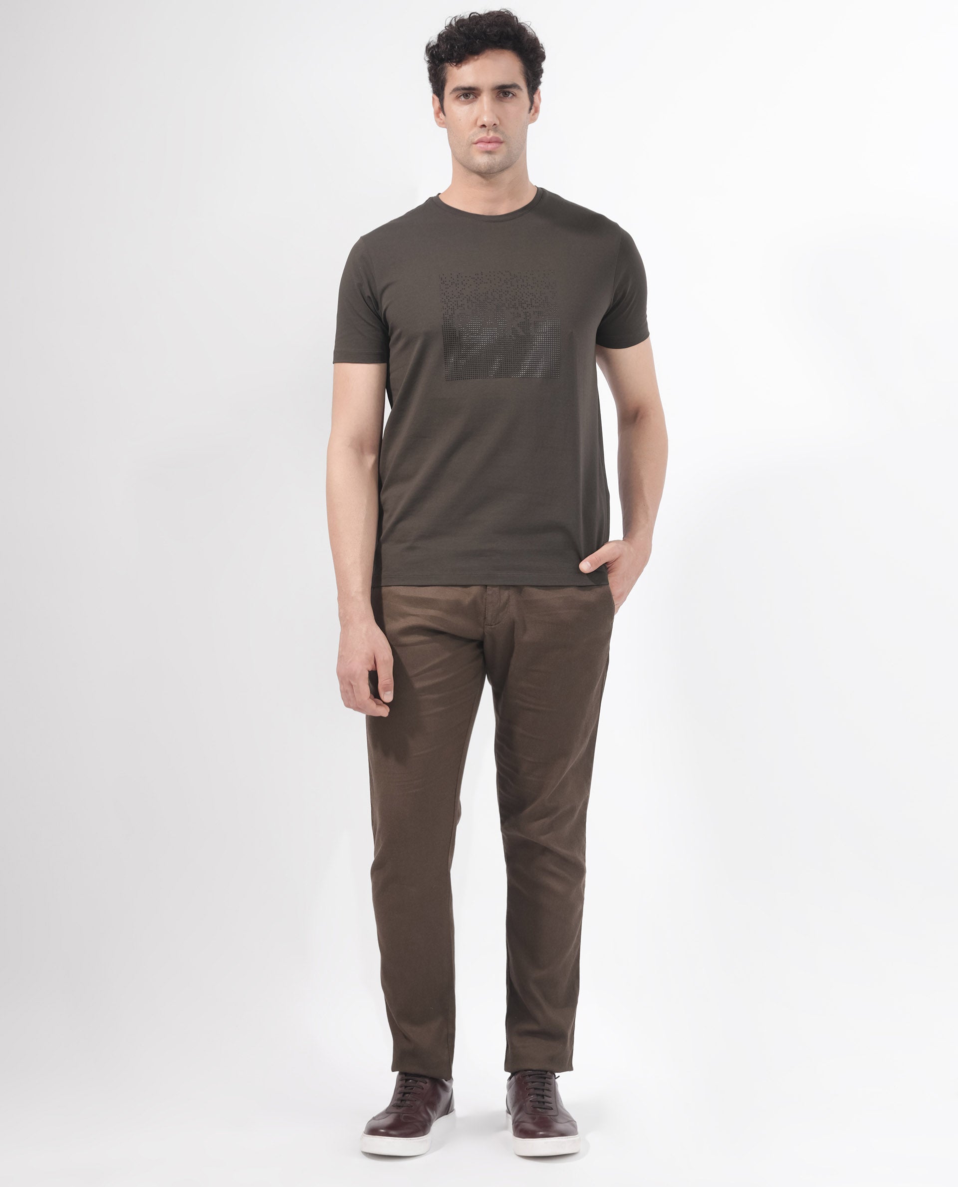 Rare Rabbit Mens Brandon Olive Short Sleeve Graphic Printed T-Shirt