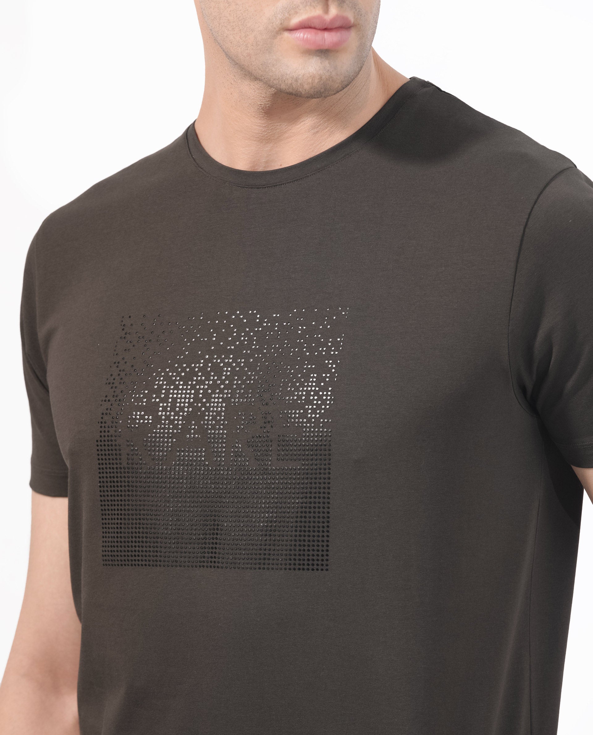 Rare Rabbit Mens Brandon Olive Short Sleeve Graphic Printed T-Shirt