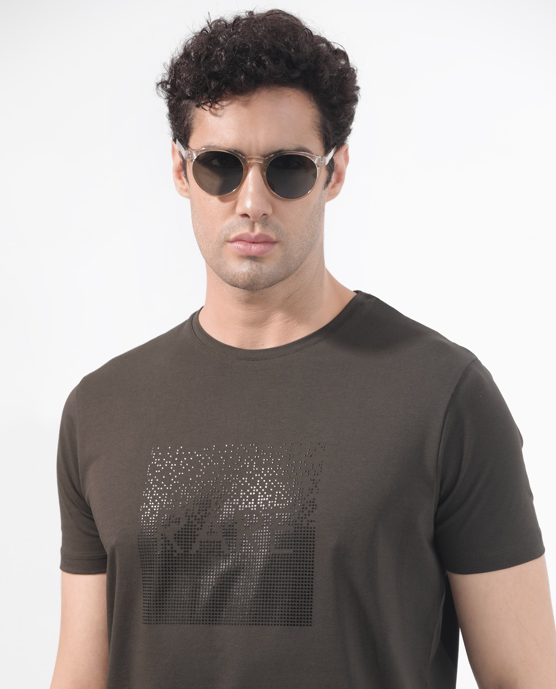 Rare Rabbit Mens Brandon Olive Short Sleeve Graphic Printed T-Shirt