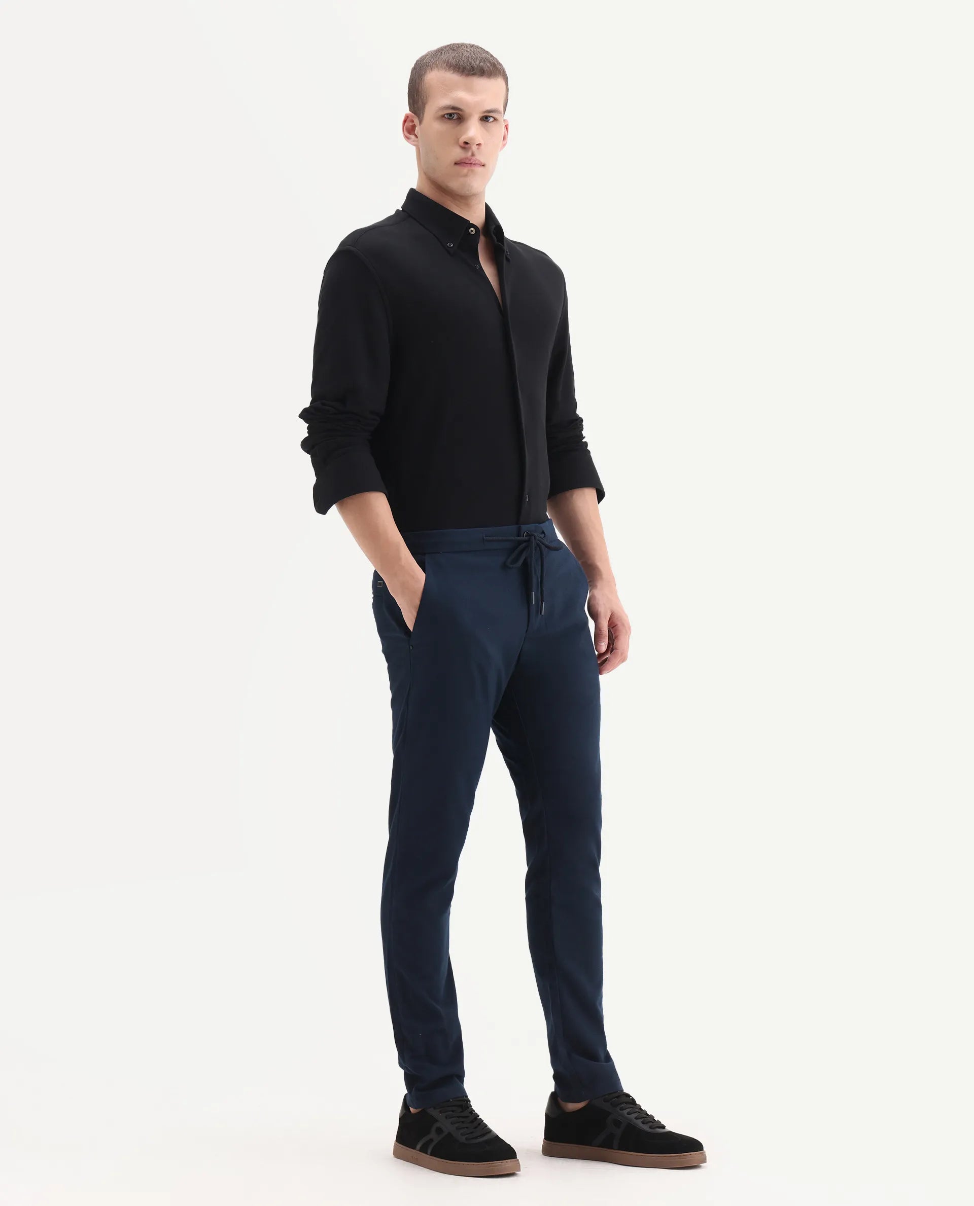 Rare Rabbit Men's Brando Navy Plain Regular Fit Trouser