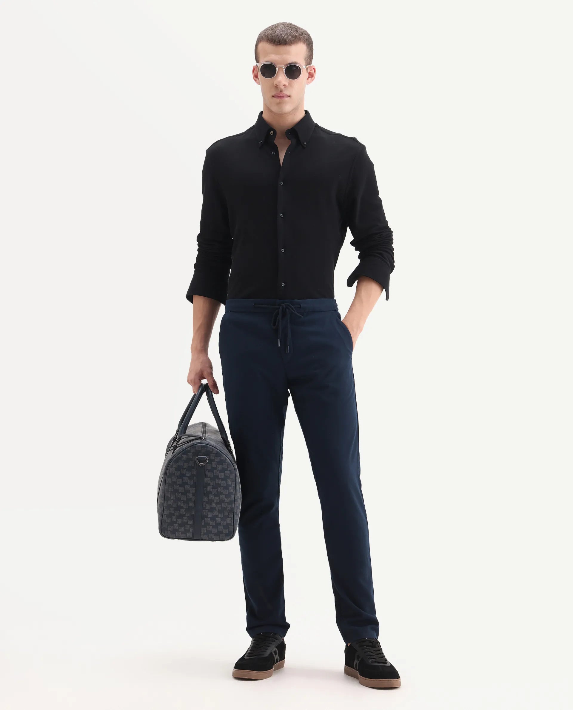 Rare Rabbit Men's Brando Navy Plain Regular Fit Trouser