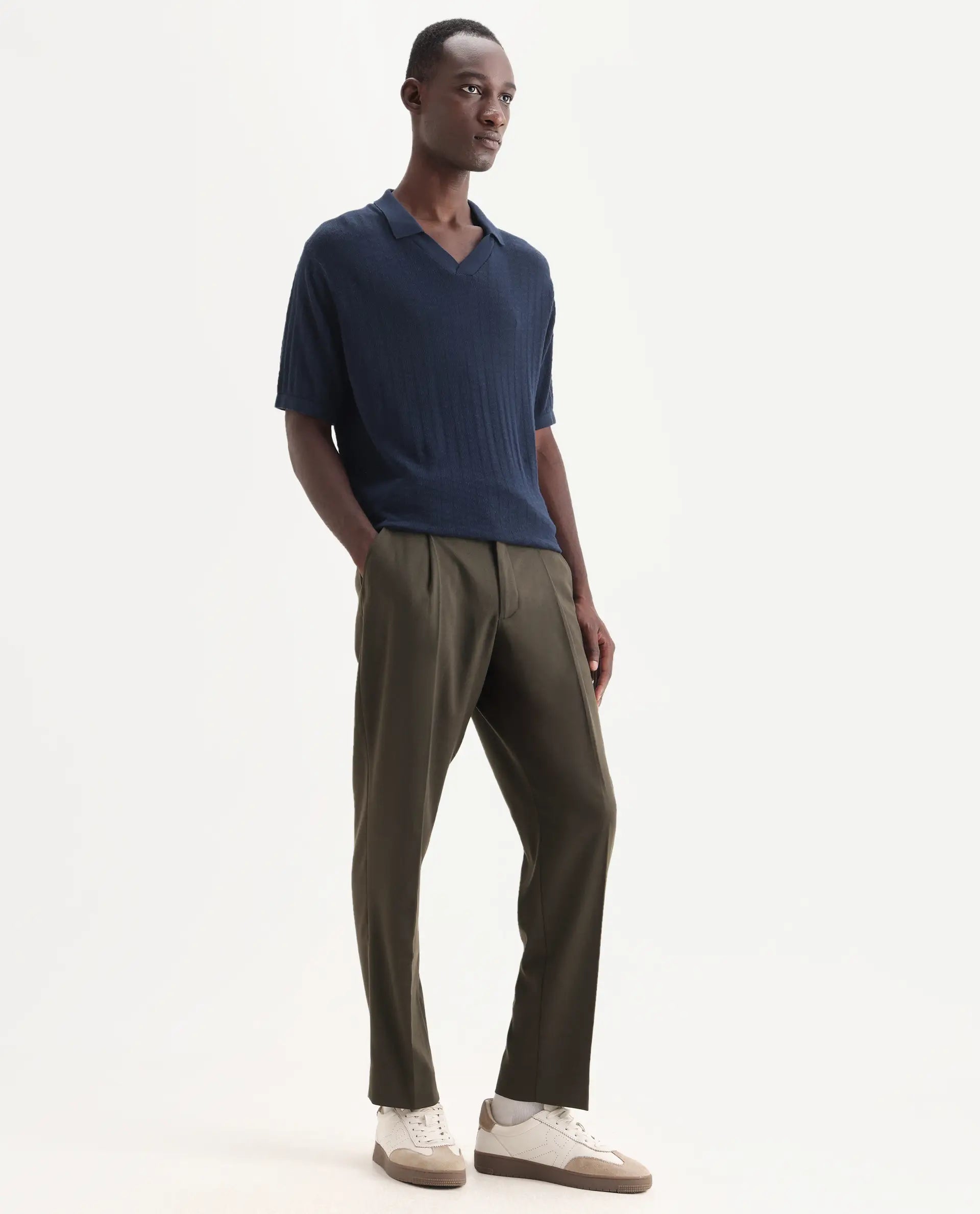 Rare Rabbit Men's Branter Olive Polyester Plain Relaxed Fit Trouser