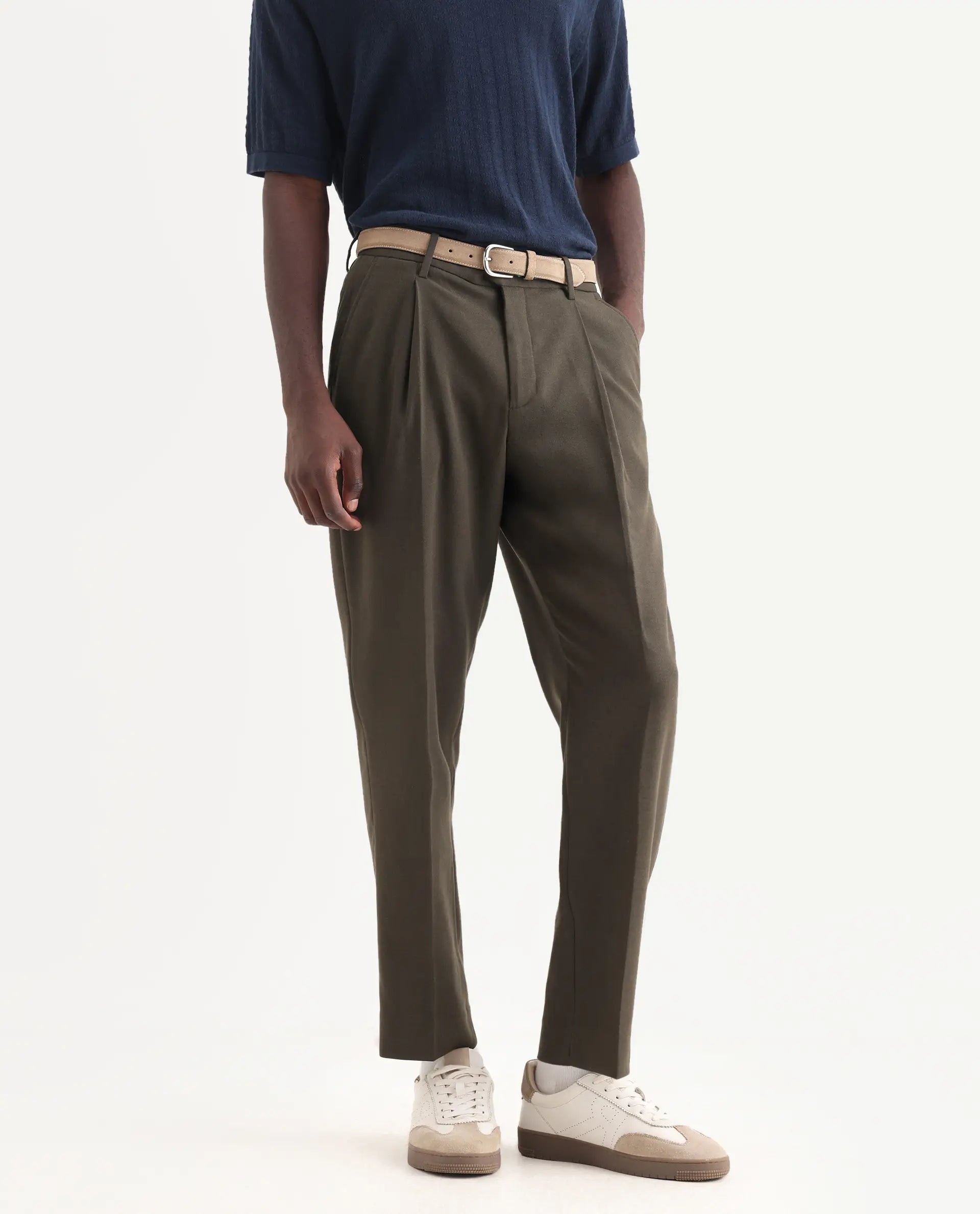 Rare Rabbit Men's Branter Olive Polyester Plain Relaxed Fit Trouser