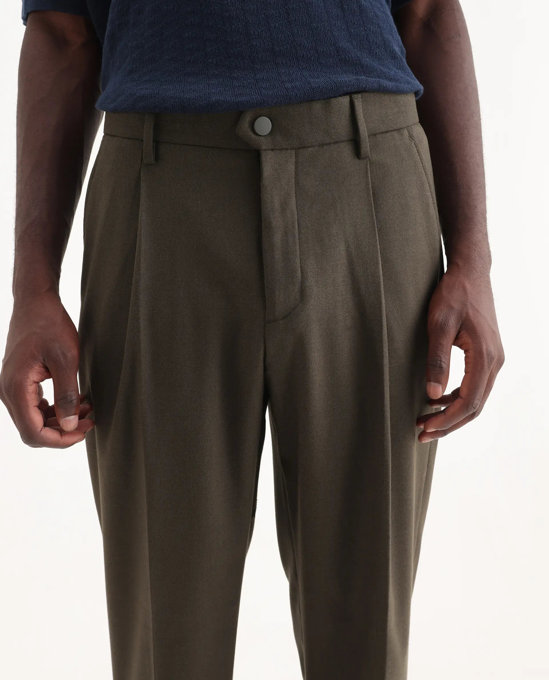 Rare Rabbit Men's Branter Olive Polyester Plain Relaxed Fit Trouser