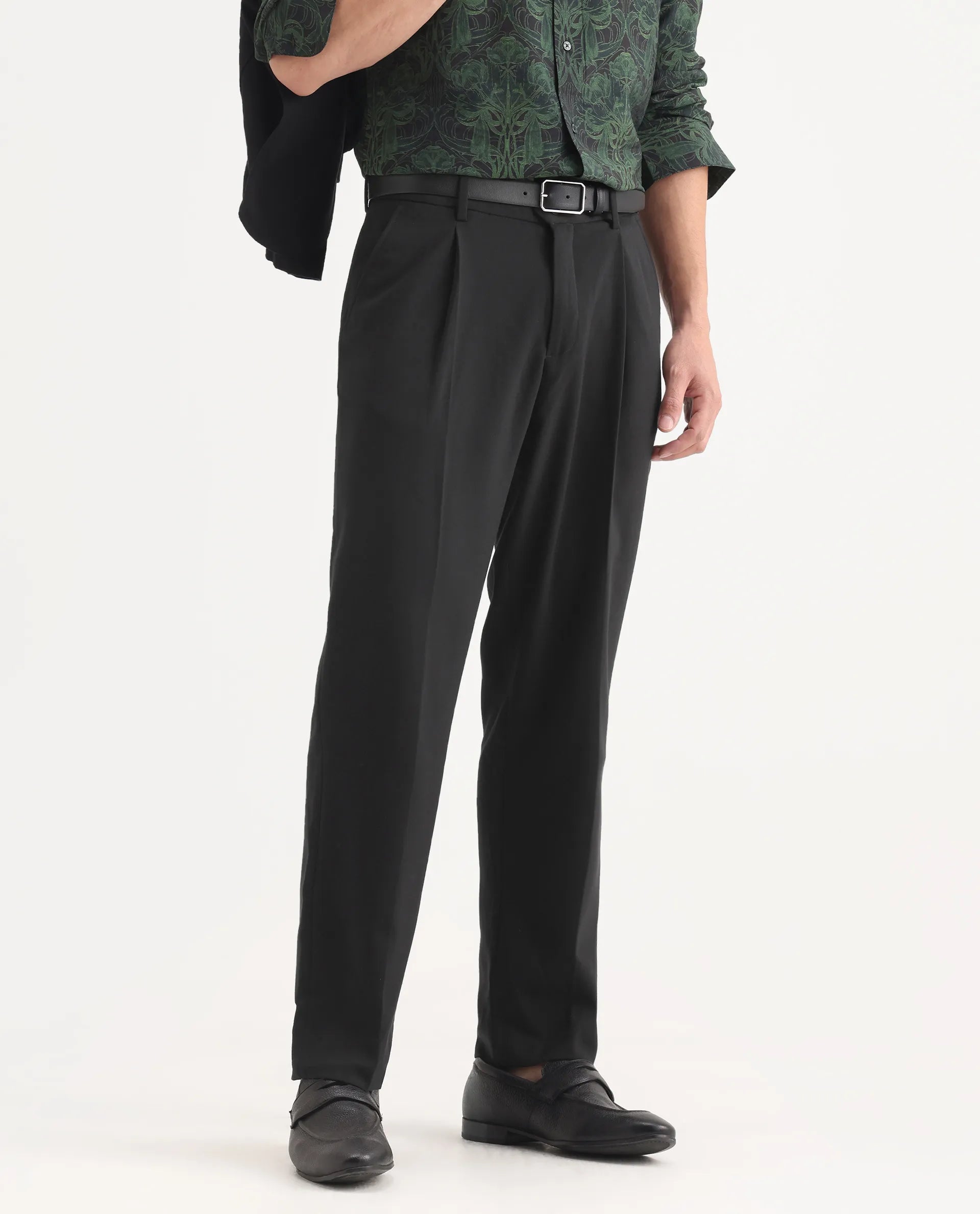 Rare Rabbit Men's Branter Black Polyester Plain Relaxed Fit Trouser