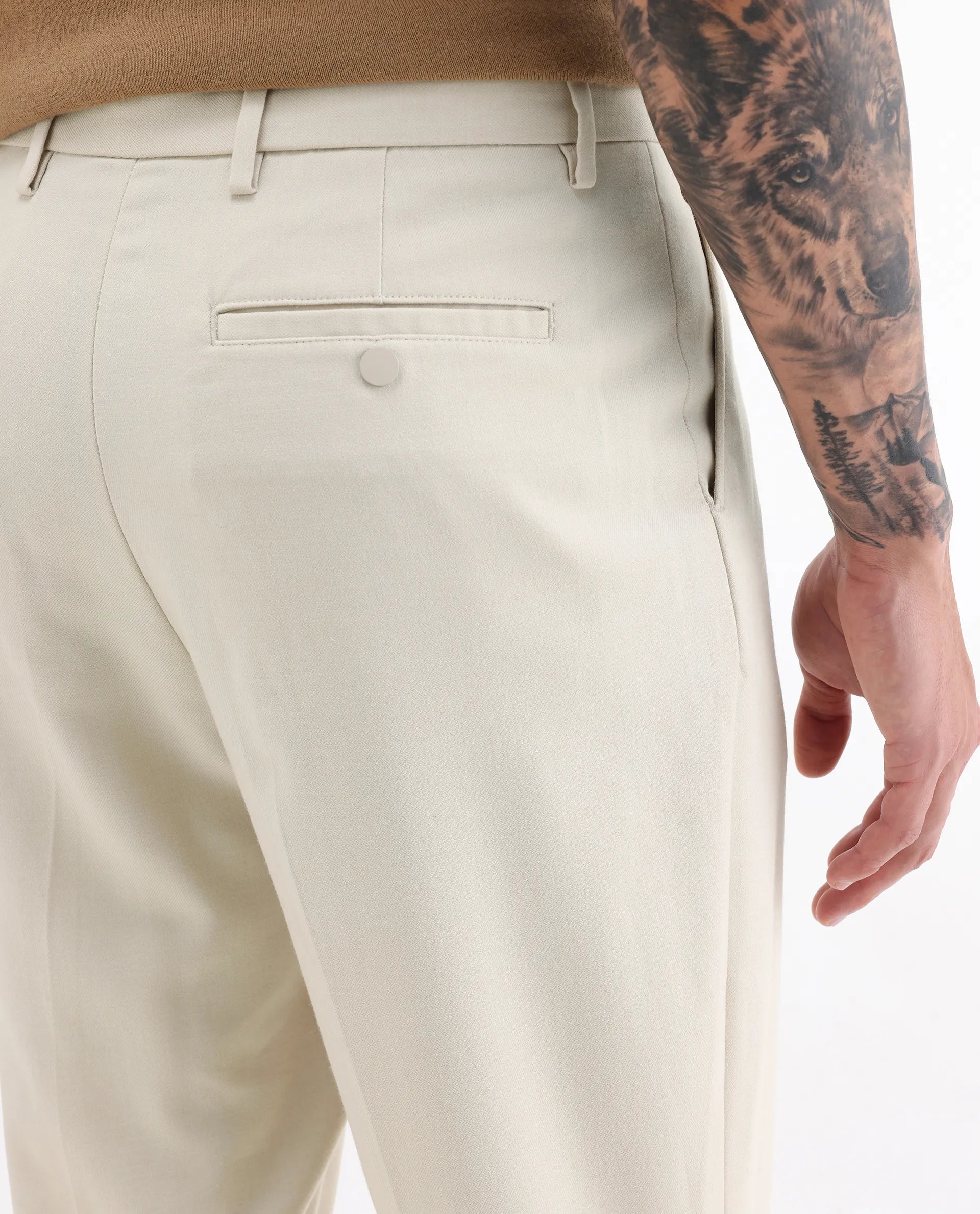 Rare Rabbit Men's Branter Off White Polyester Plain Relaxed Fit Trouser