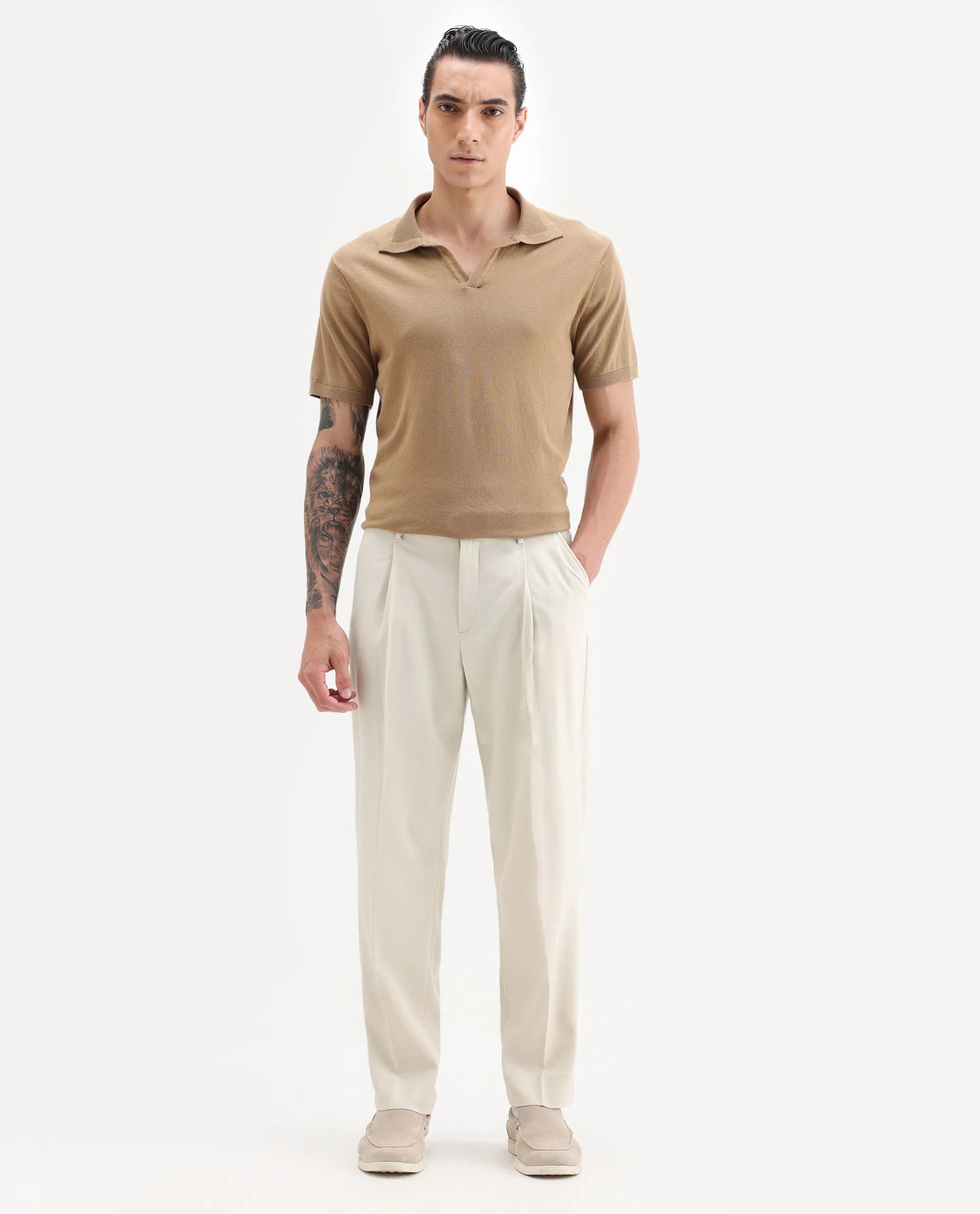 Rare Rabbit Men's Branter Off White Polyester Plain Relaxed Fit Trouser