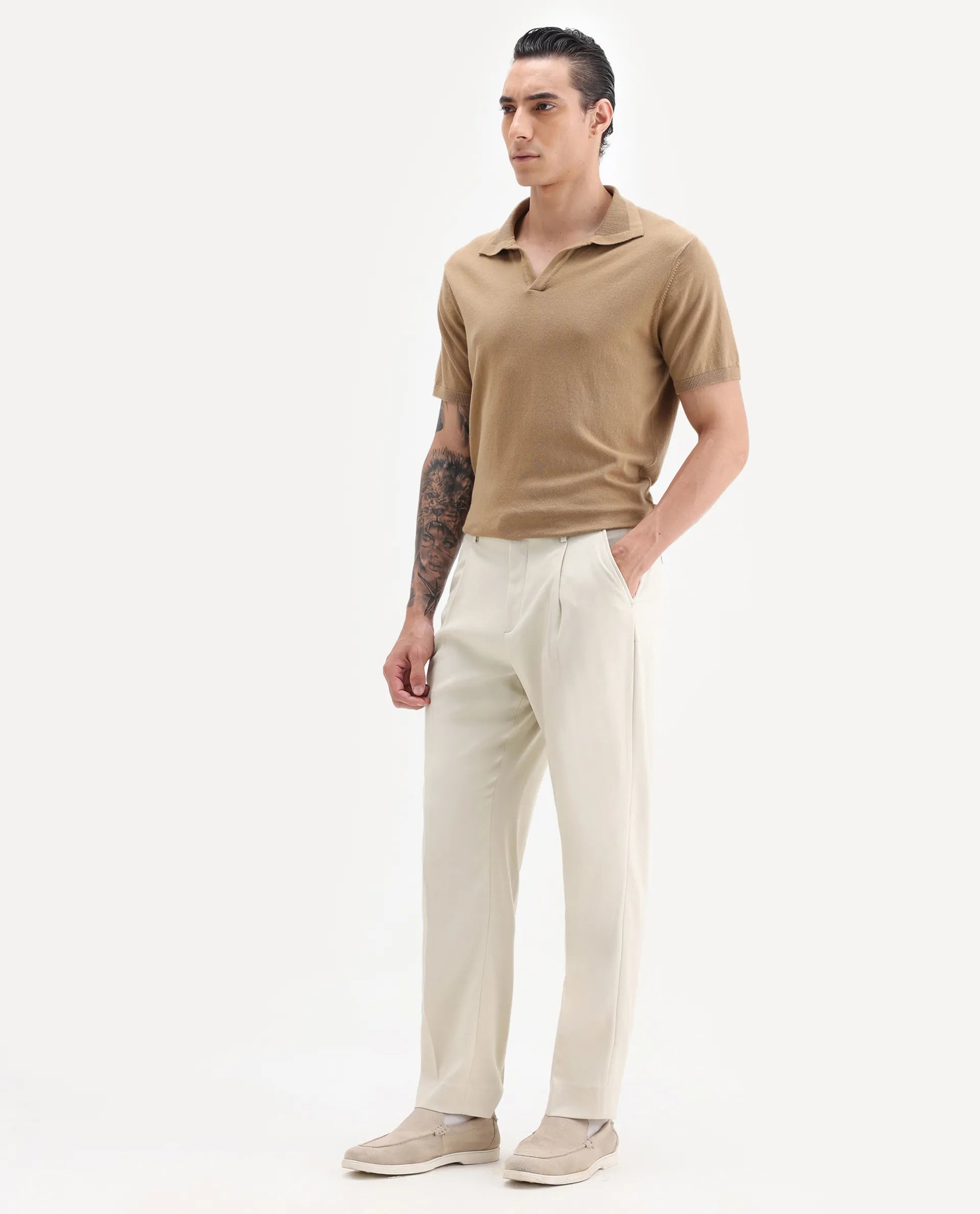 Rare Rabbit Men's Branter Off White Polyester Plain Relaxed Fit Trouser