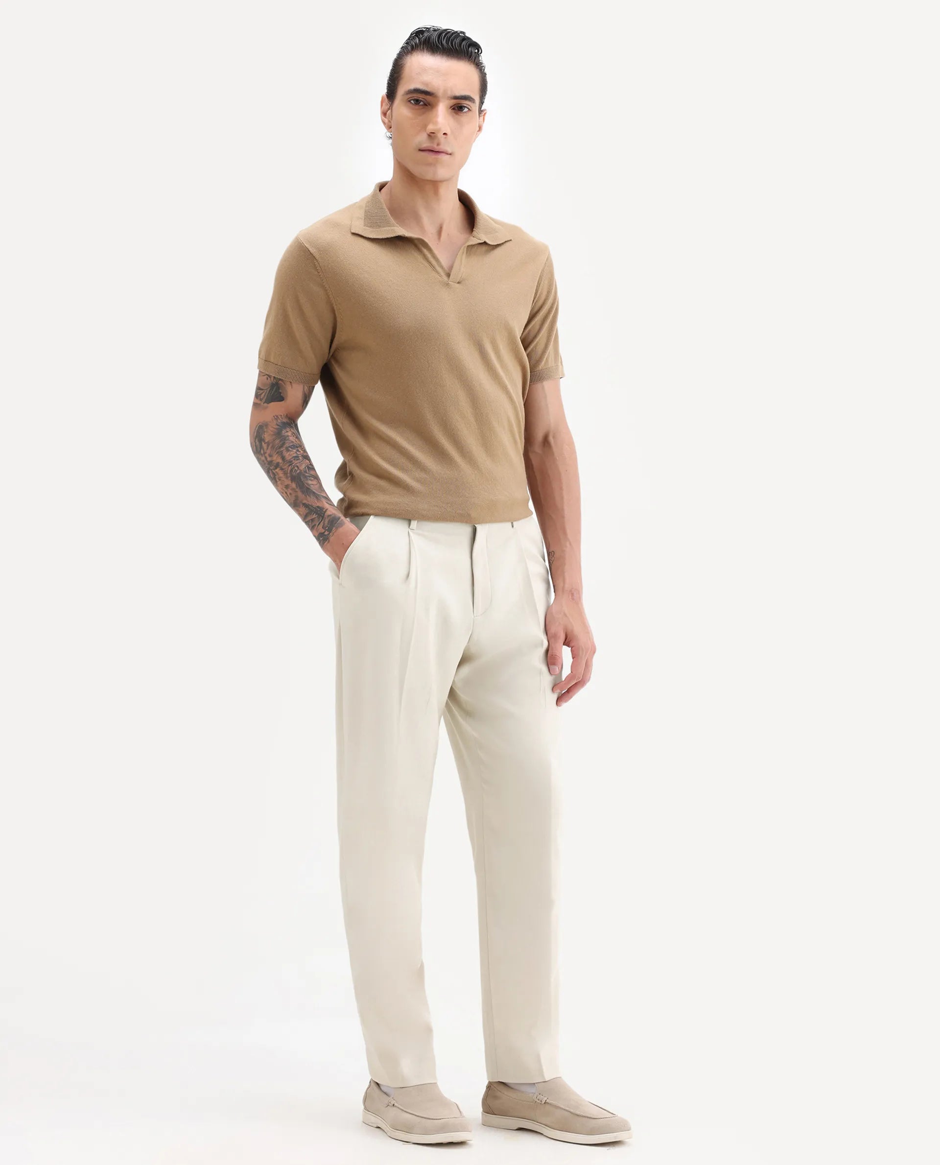 Rare Rabbit Men's Branter Off White Polyester Plain Relaxed Fit Trouser