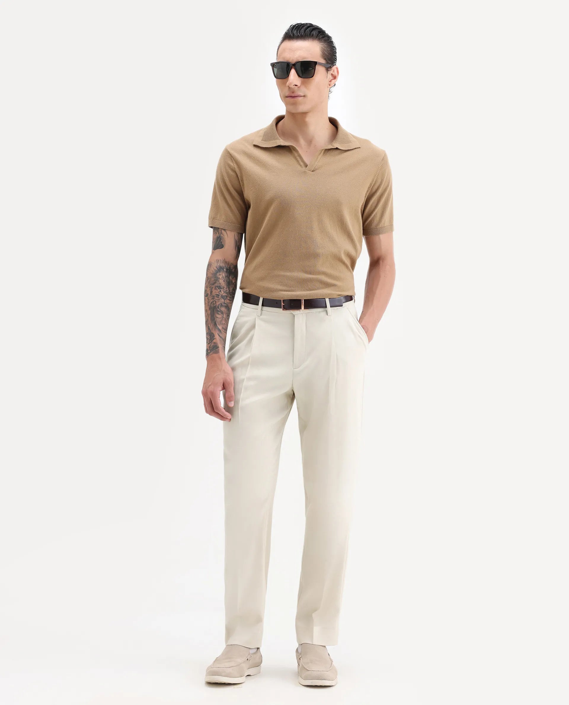 Rare Rabbit Men's Branter Off White Polyester Plain Relaxed Fit Trouser