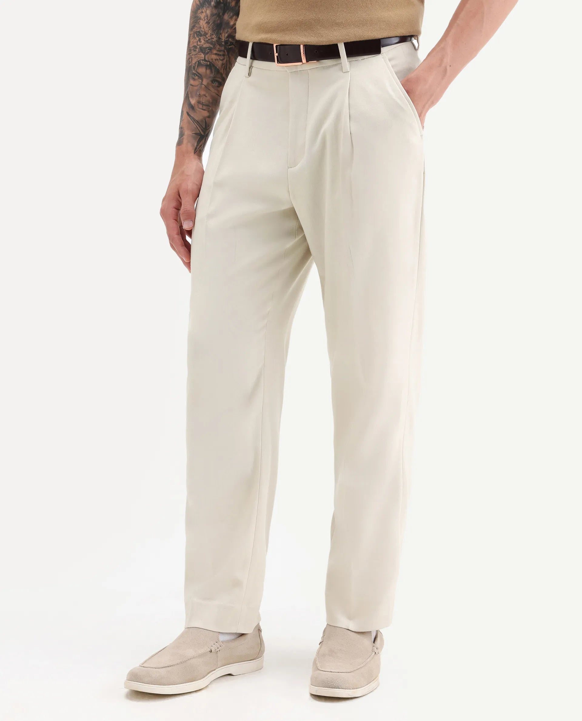 Rare Rabbit Men's Branter Off White Polyester Plain Relaxed Fit Trouser