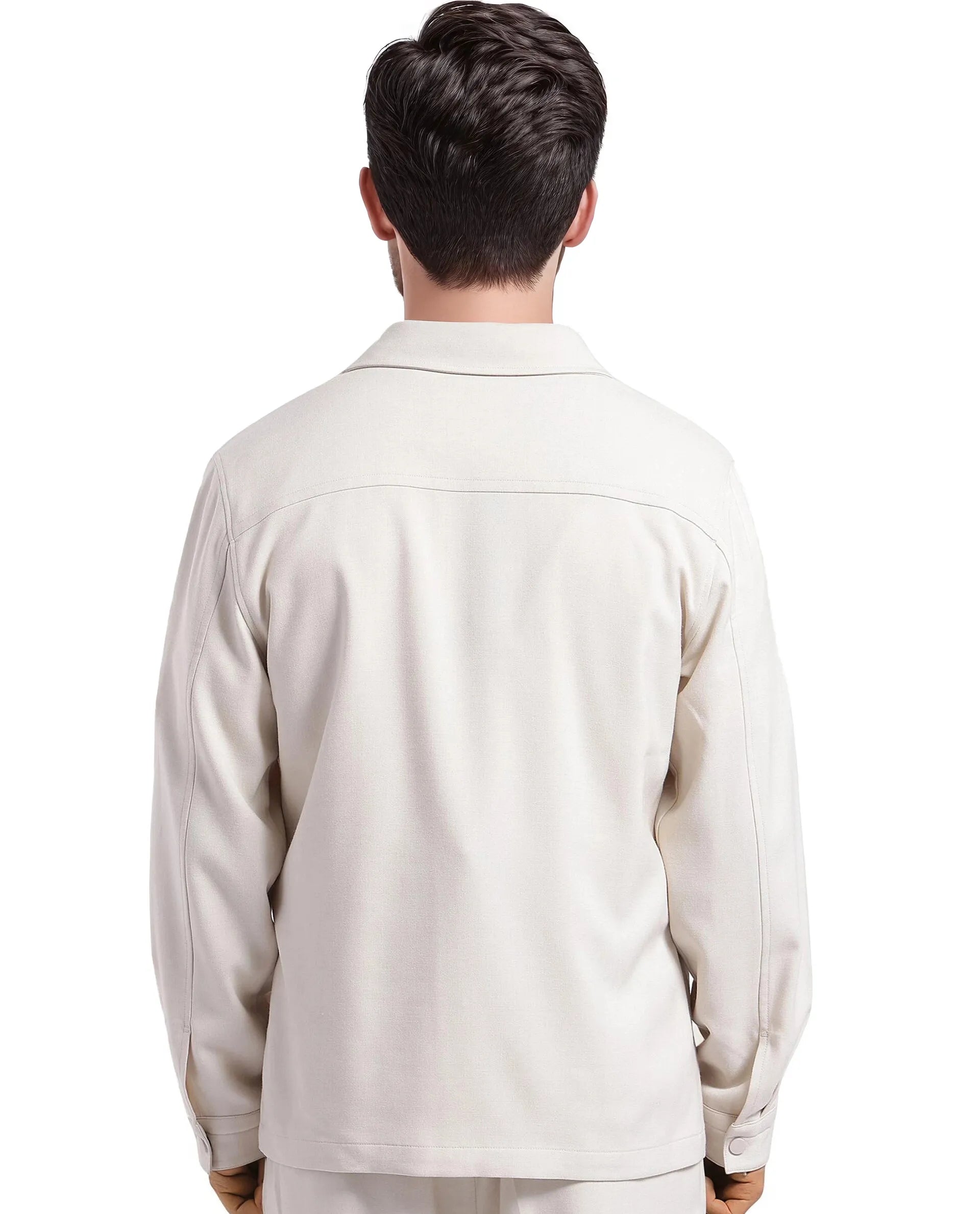 Rare Rabbit Men Brant Off White Polyester Rayon Fabric Full Sleeve Spread Collar Snap Button Closure Relaxed Fit Shacket