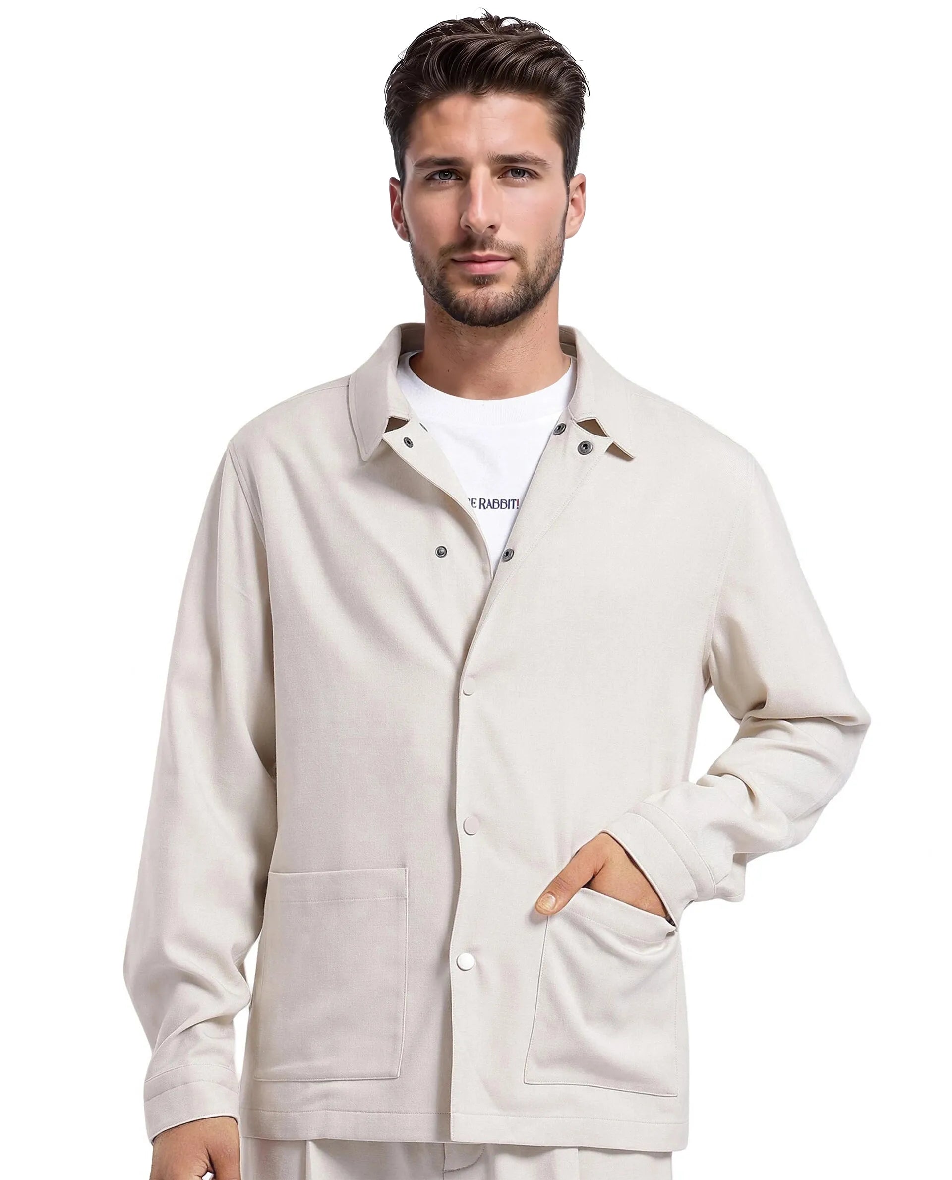 Rare Rabbit Men Brant Off White Polyester Rayon Fabric Full Sleeve Spread Collar Snap Button Closure Relaxed Fit Shacket