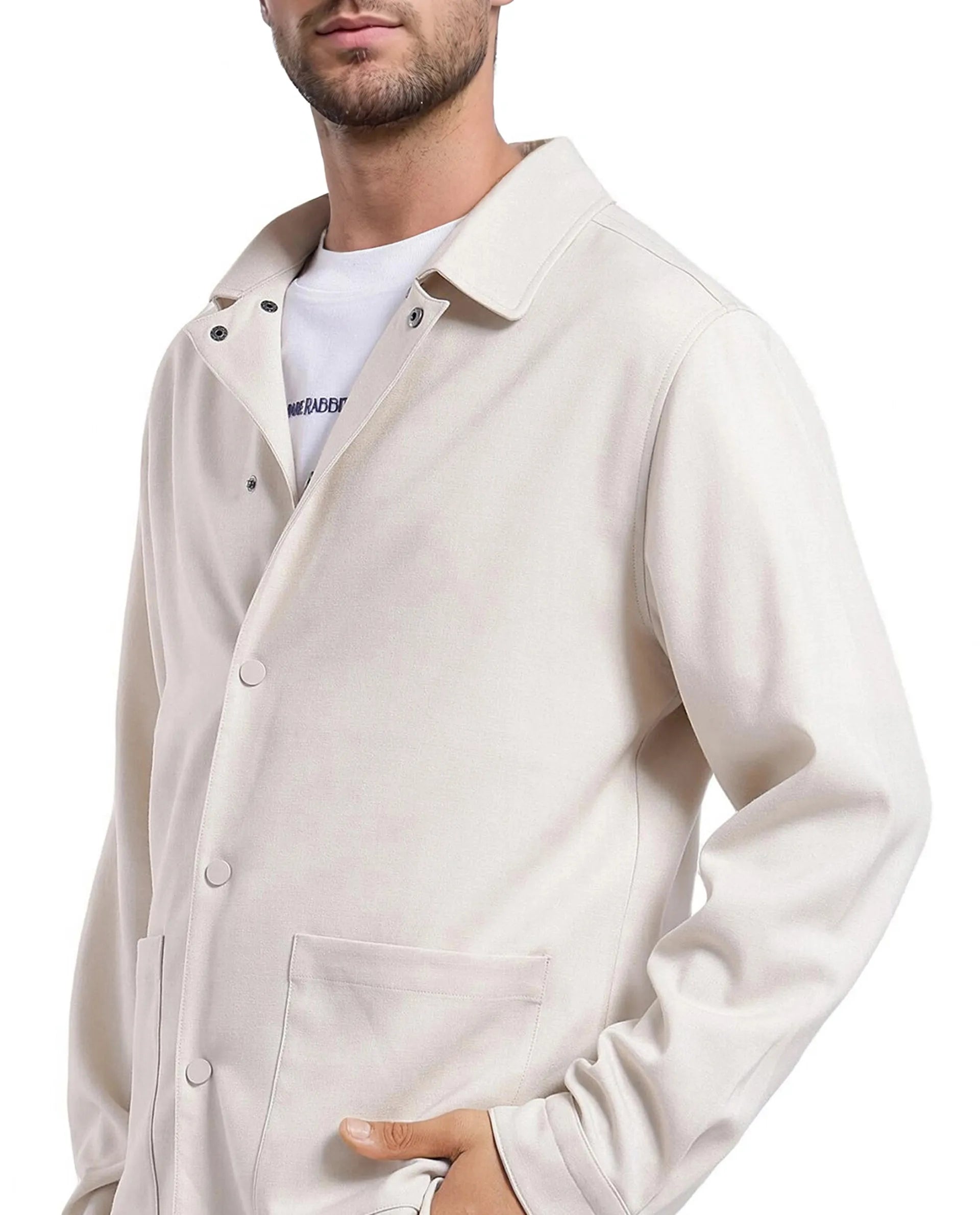 Rare Rabbit Men Brant Off White Polyester Rayon Fabric Full Sleeve Spread Collar Snap Button Closure Relaxed Fit Shacket