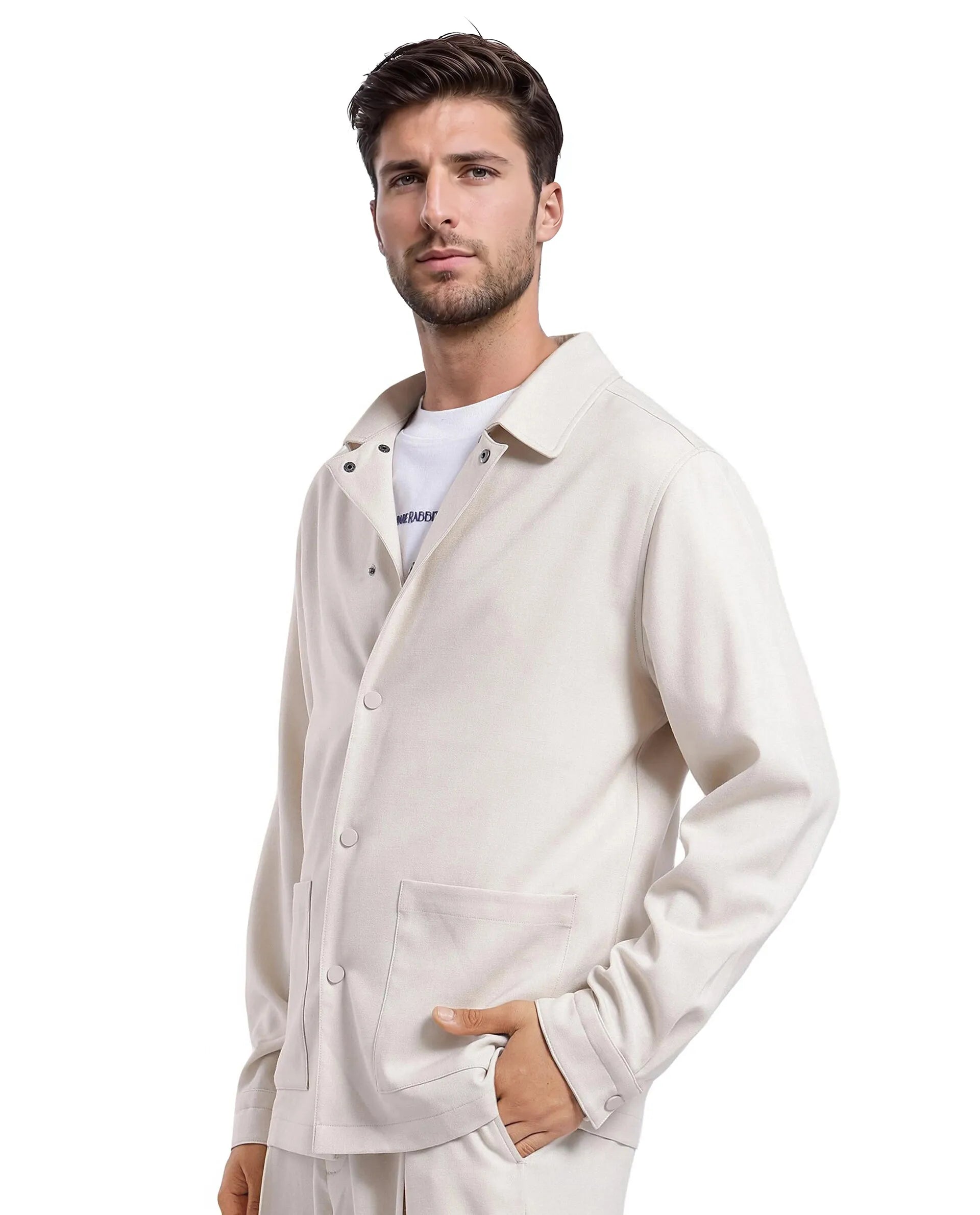 Rare Rabbit Men Brant Off White Polyester Rayon Fabric Full Sleeve Spread Collar Snap Button Closure Relaxed Fit Shacket