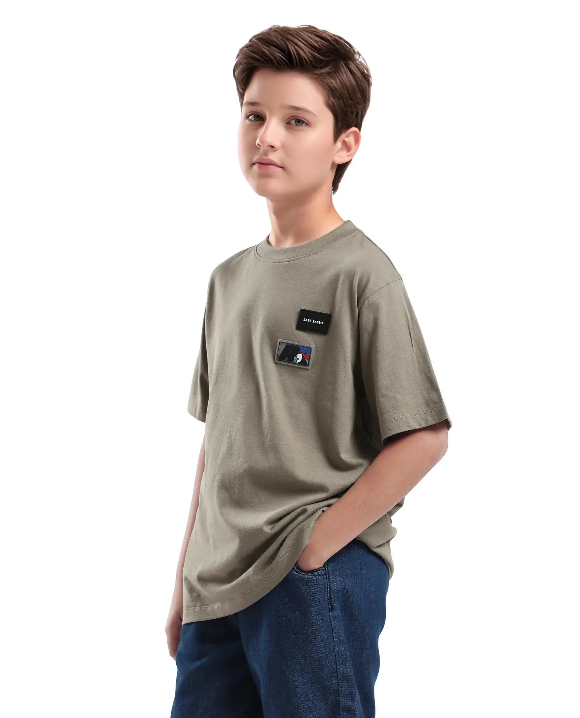 Rare Ones Kids Braun Dusky Green Cotton Solid Slip-On Regular Fit T-Shirt