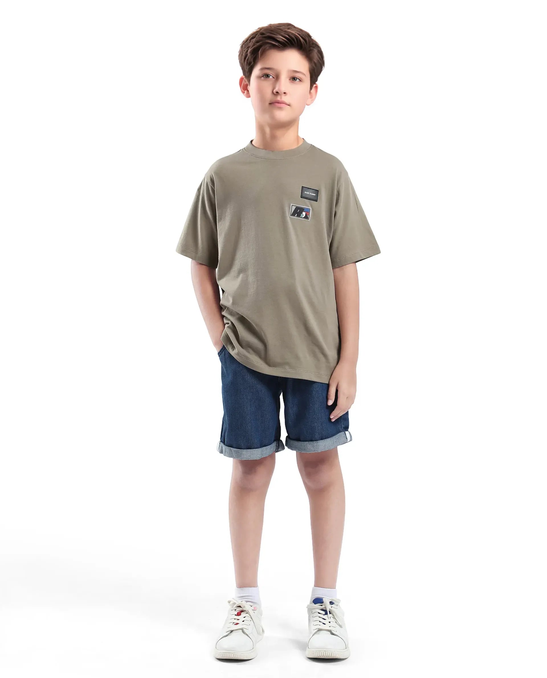 Rare Ones Kids Braun Dusky Green Cotton Solid Slip-On Regular Fit T-Shirt