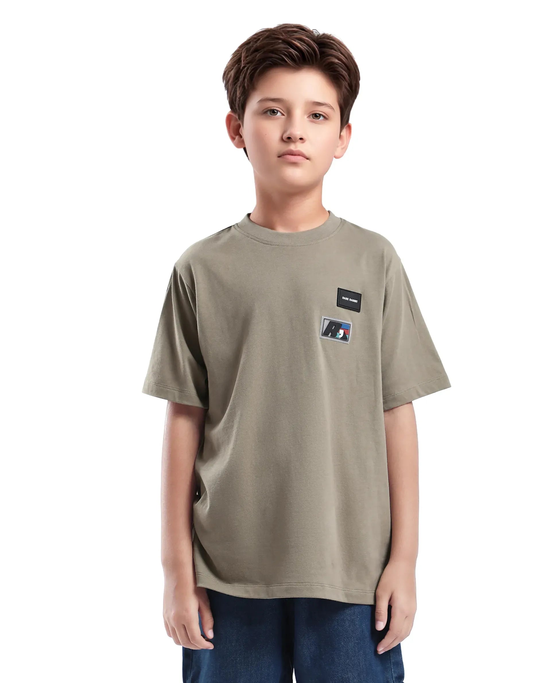 Rare Ones Kids Braun Dusky Green Cotton Solid Slip-On Regular Fit T-Shirt