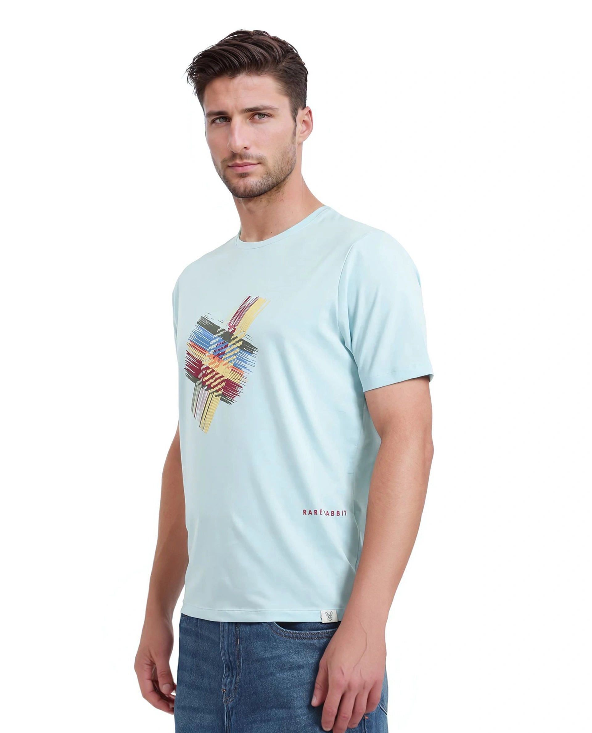 Rare Rabbit Men Brax Light Blue Cotton Blend Fabric Short Sleeve Crew Neck Graphic Print T-Shirt