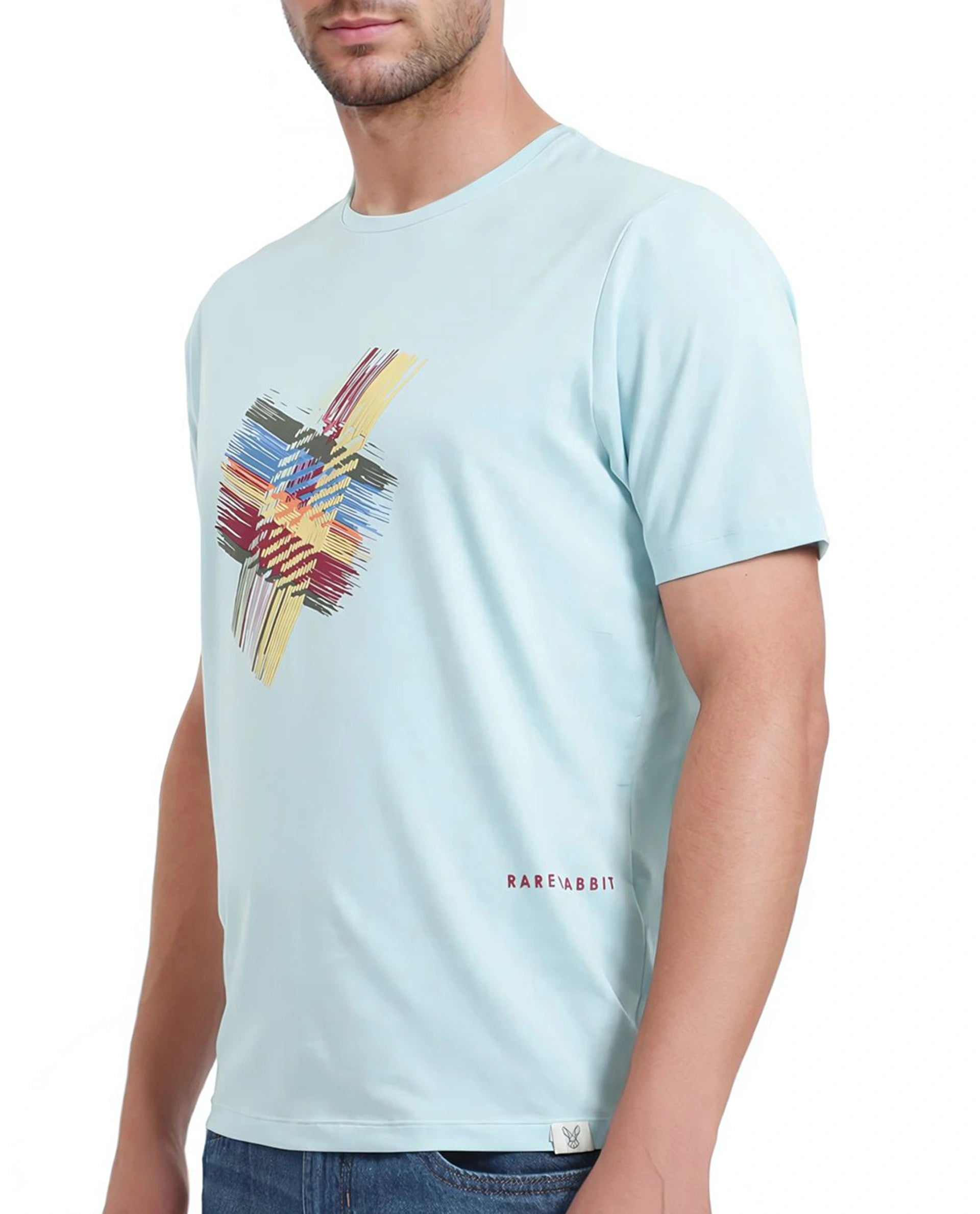 Rare Rabbit Men Brax Light Blue Cotton Blend Fabric Short Sleeve Crew Neck Graphic Print T-Shirt