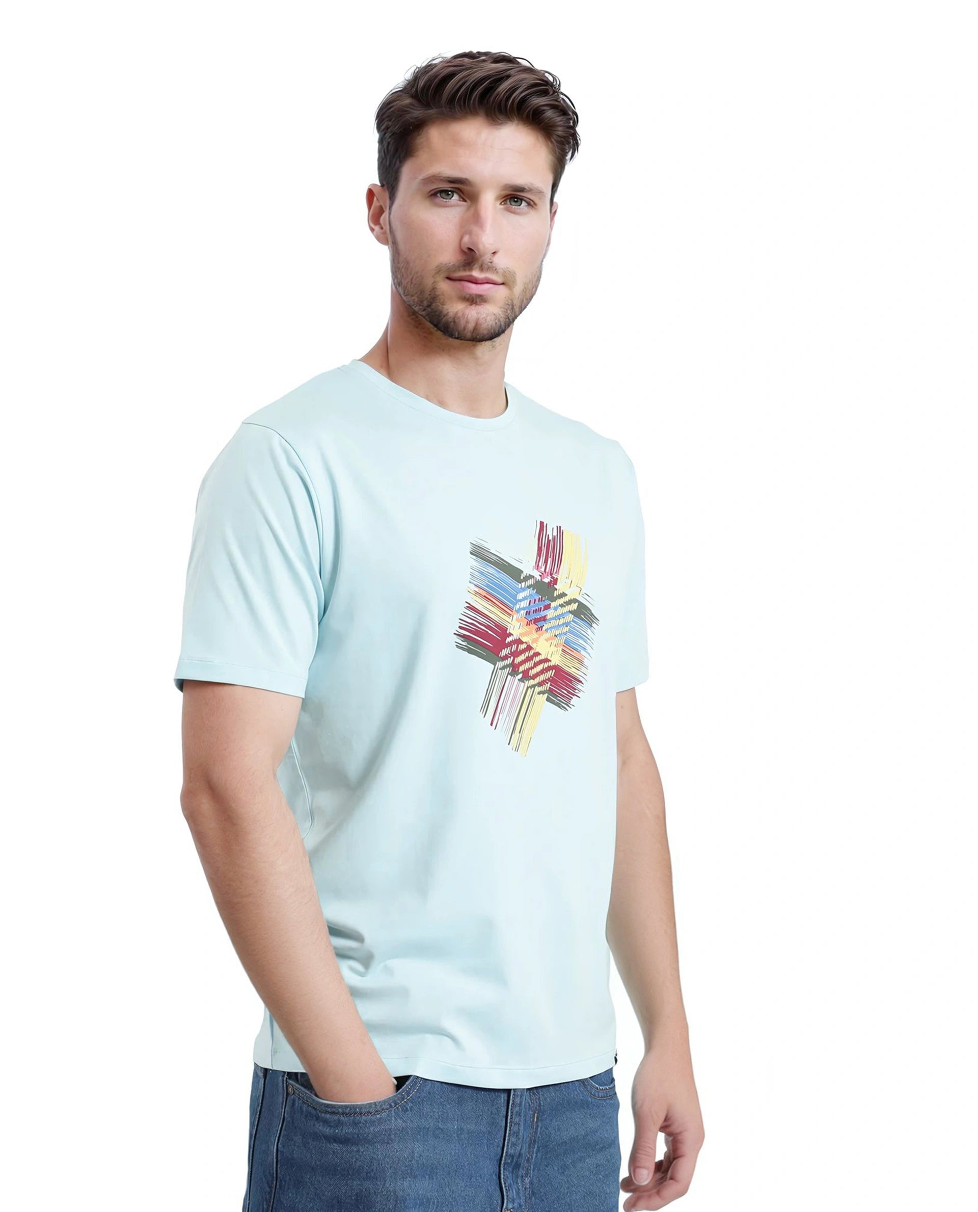 Rare Rabbit Men Brax Light Blue Cotton Blend Fabric Short Sleeve Crew Neck Graphic Print T-Shirt
