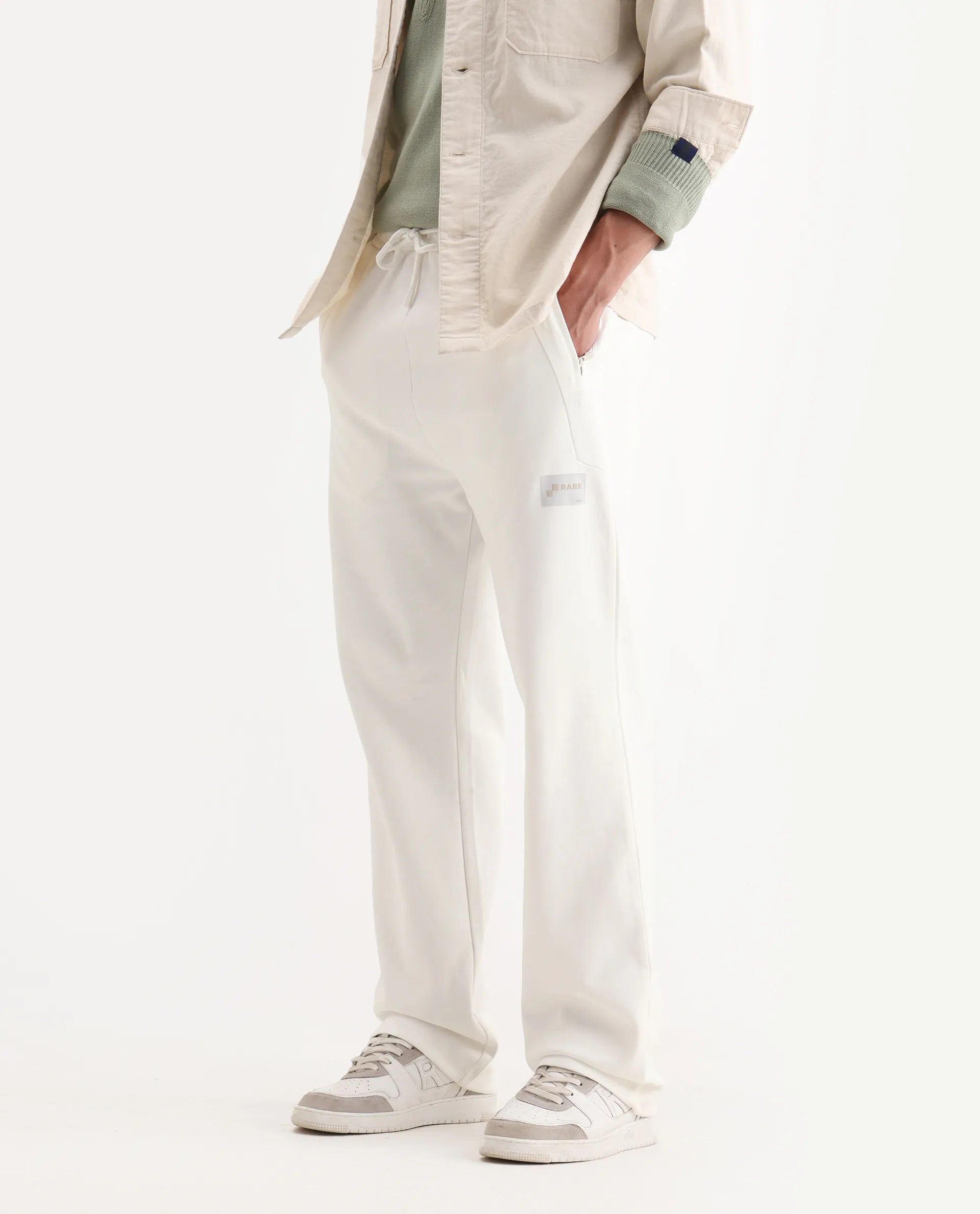 Rare Rabbit Men's Breckin Off White Cotton Blend Embroidered Relaxed Fit Track Pant