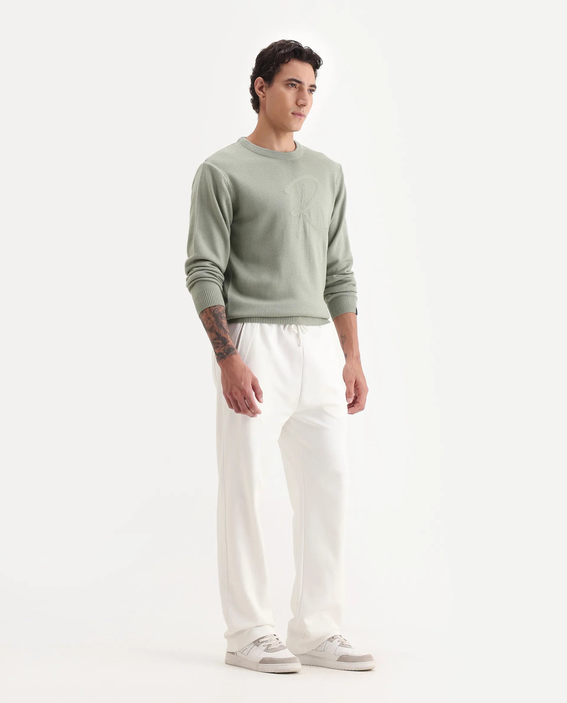 Rare Rabbit Men's Breckin Off White Cotton Blend Embroidered Relaxed Fit Track Pant