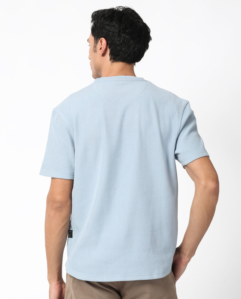 Rare Rabbit Men's Bree Dusky Blue Crew Neck Ottoman Textured Drop Shoulder Half Sleeves T-Shirt