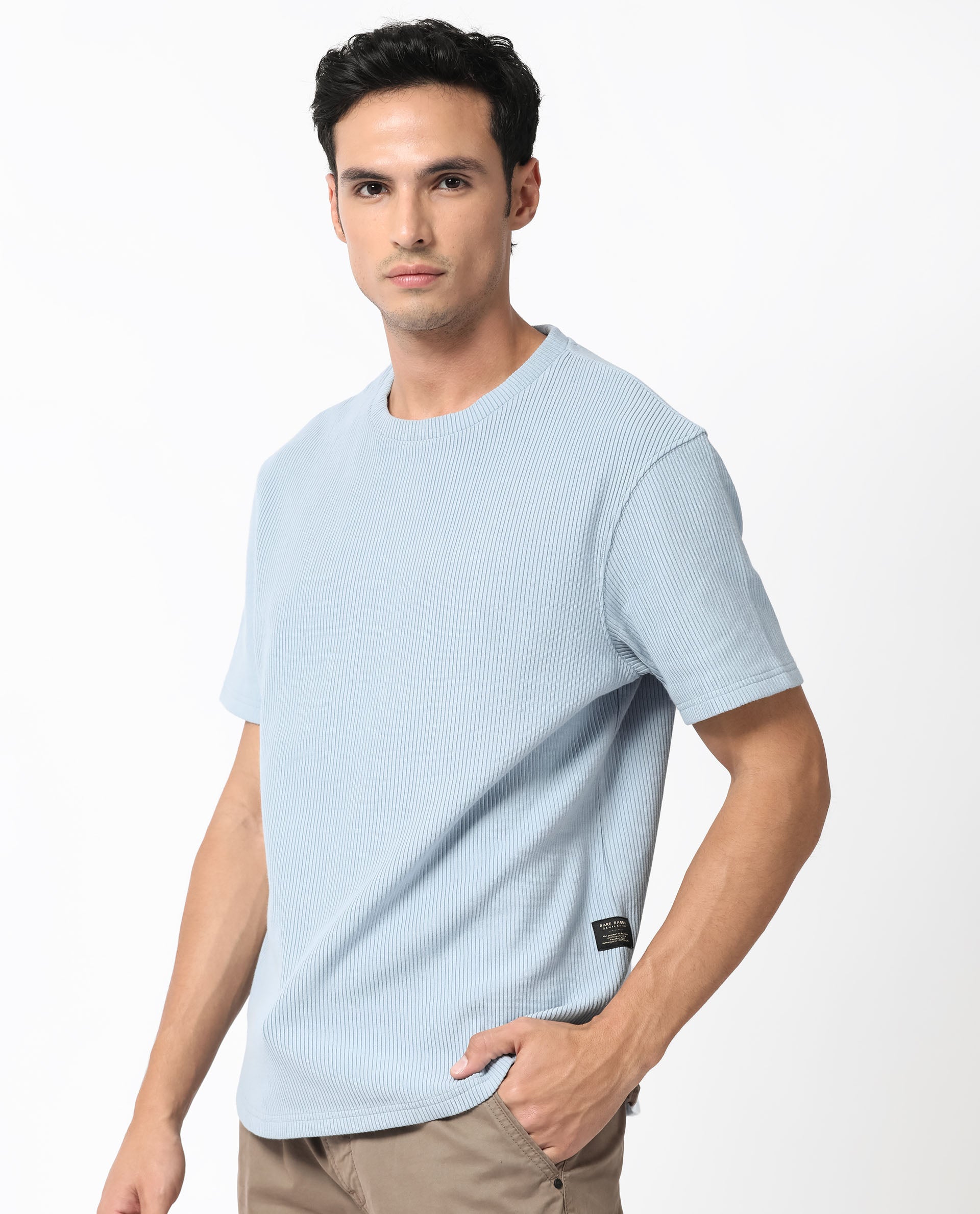 Rare Rabbit Men's Bree Dusky Blue Crew Neck Ottoman Textured Drop Shoulder Half Sleeves Oversized Fit T-Shirt