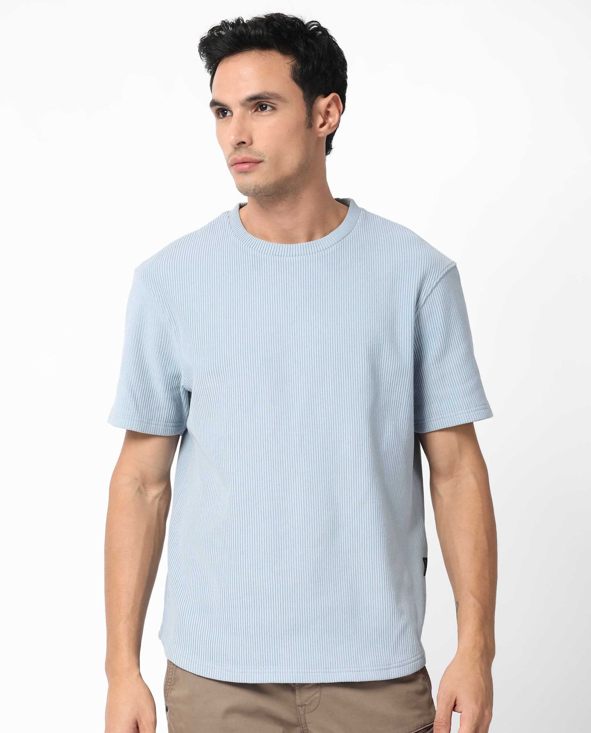 Rare Rabbit Men's Bree Dusky Blue Crew Neck Ottoman Textured Drop Shoulder Half Sleeves Oversized Fit T-Shirt